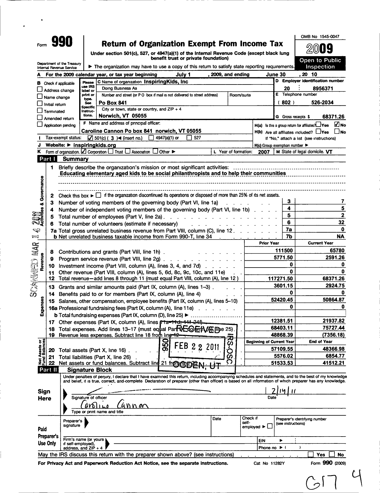 Image of first page of 2009 Form 990 for Inspiringkids Kids