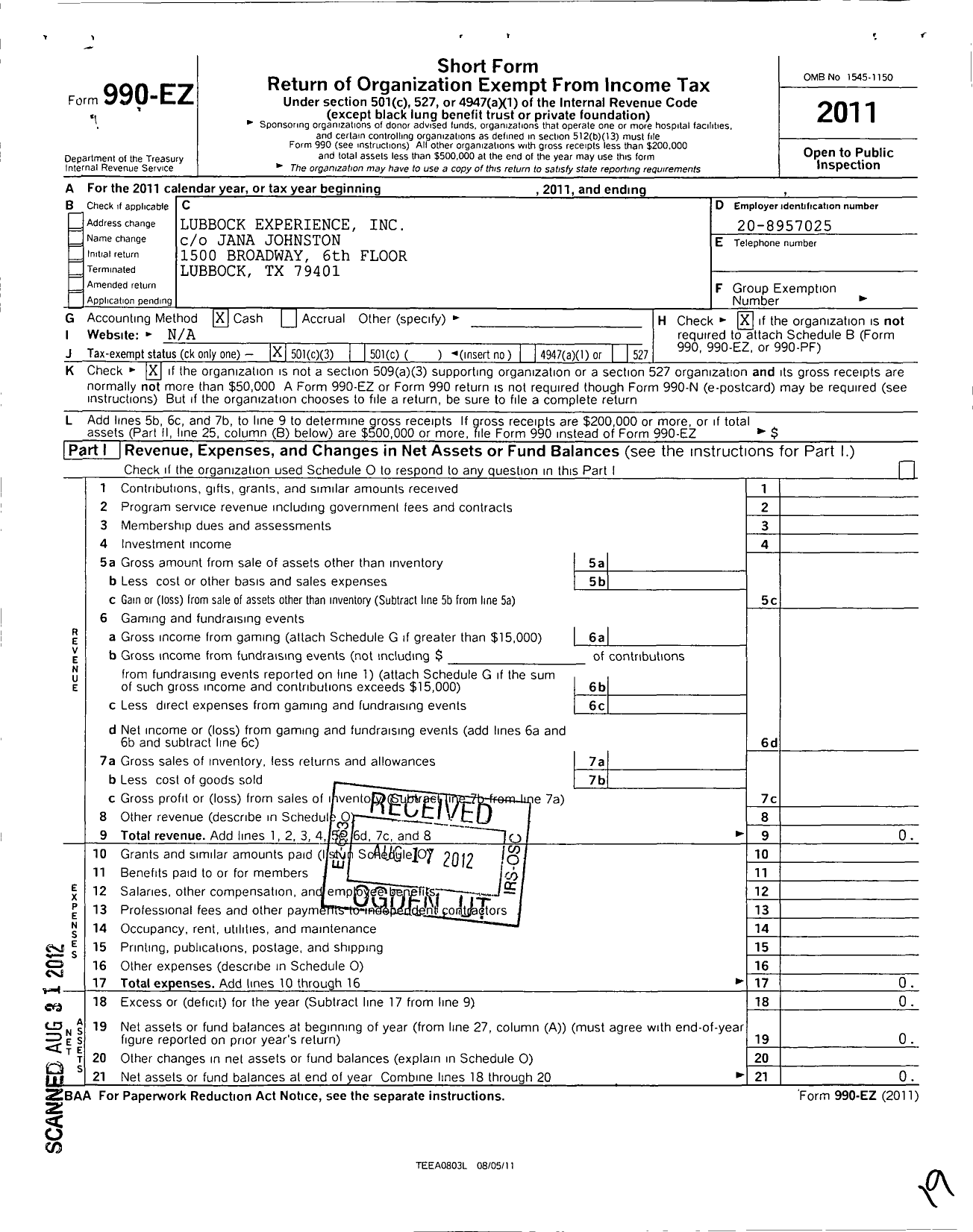 Image of first page of 2011 Form 990EZ for Lubbock Experience