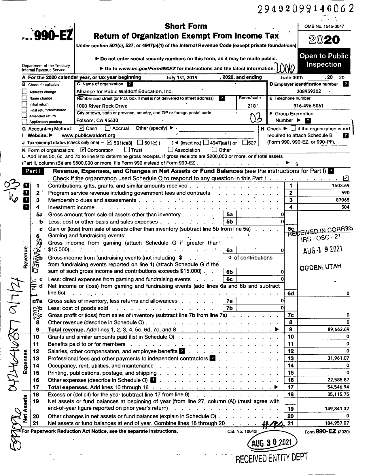 Image of first page of 2019 Form 990EZ for Alliance for Public Waldorf Education