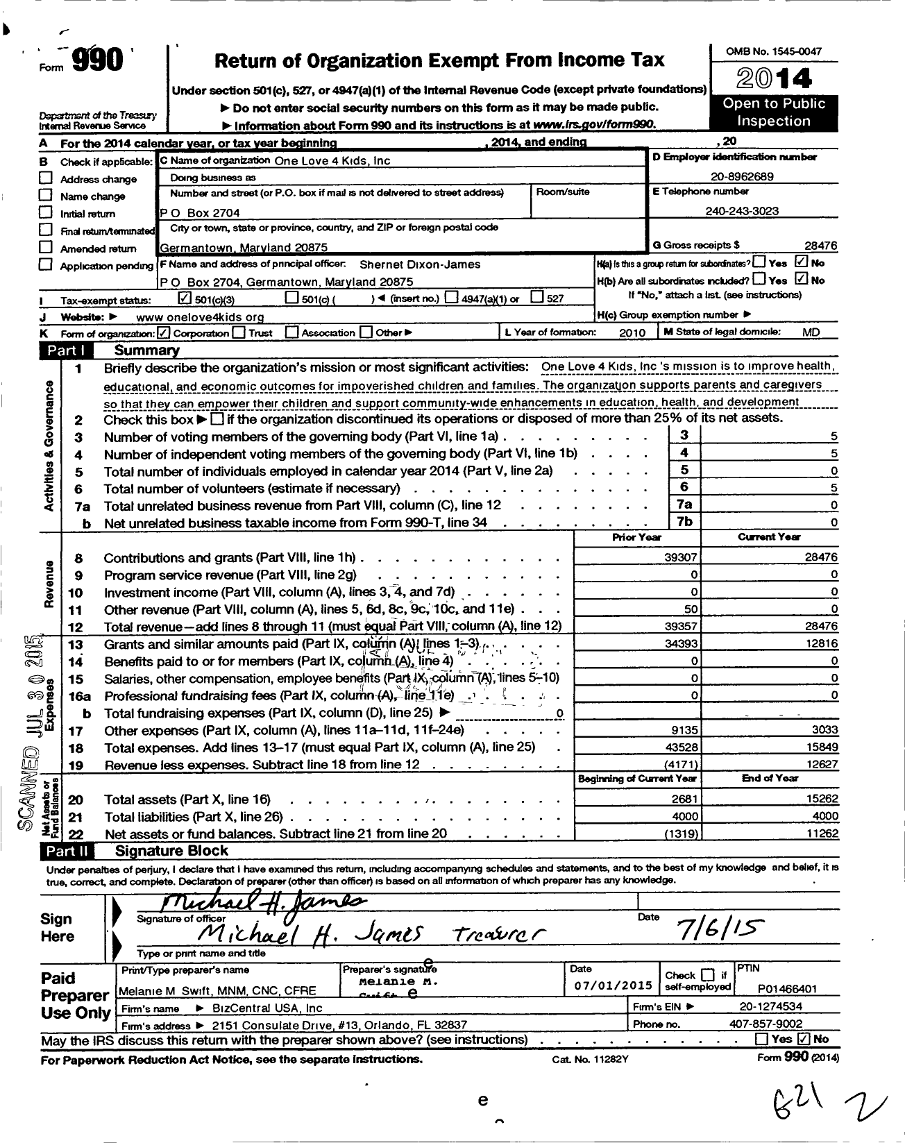 Image of first page of 2014 Form 990 for One Love 4 Kids