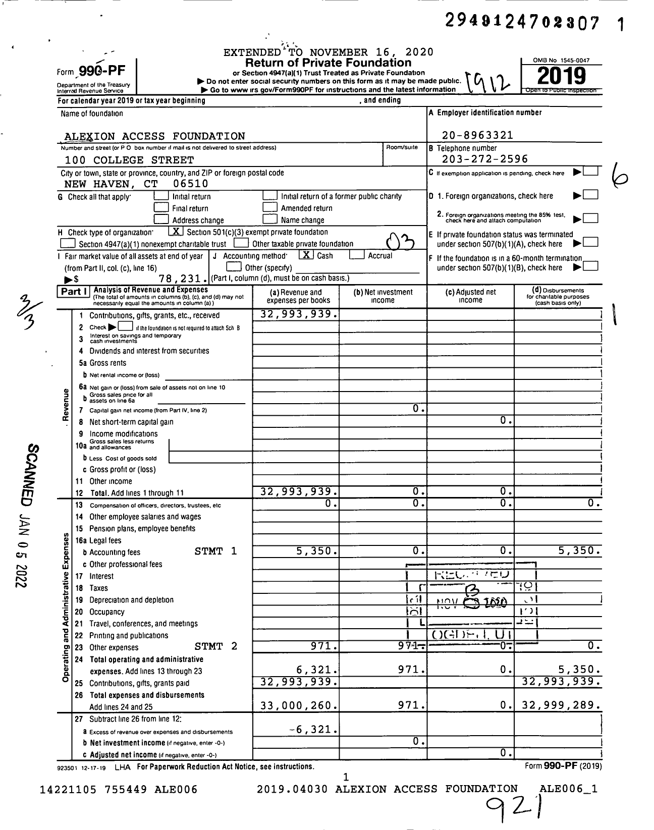 Image of first page of 2019 Form 990PF for Alexion Access Foundation