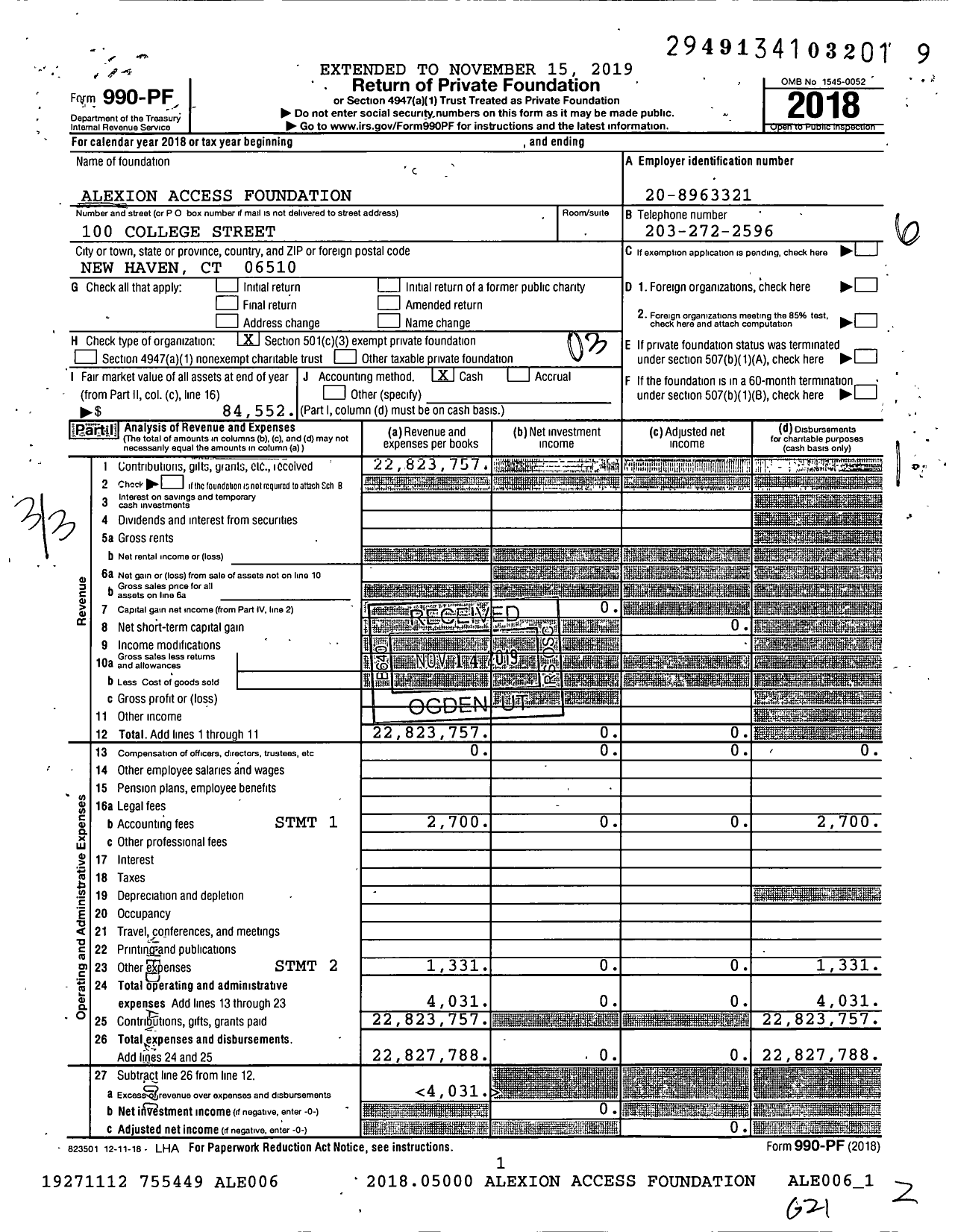 Image of first page of 2018 Form 990PF for Alexion Access Foundation