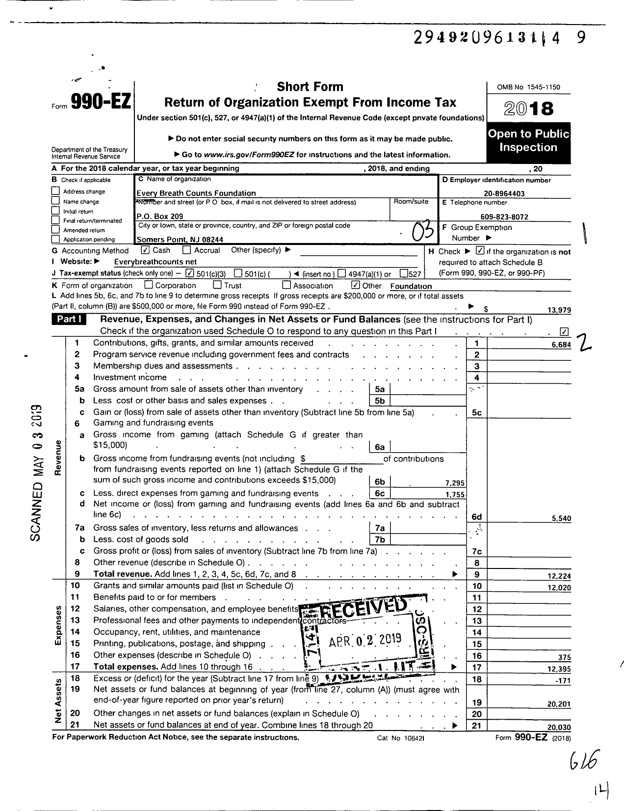 Image of first page of 2018 Form 990EZ for Every Breath Counts