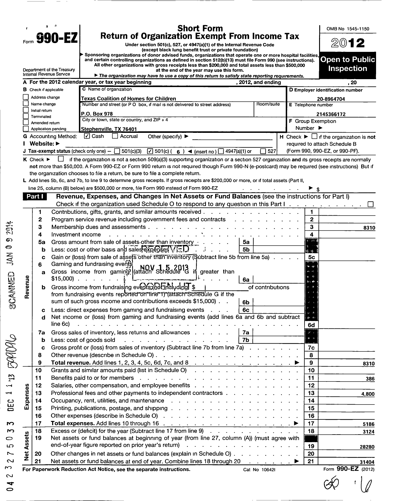 Image of first page of 2012 Form 990EO for Texas Coalition of Homes for Children