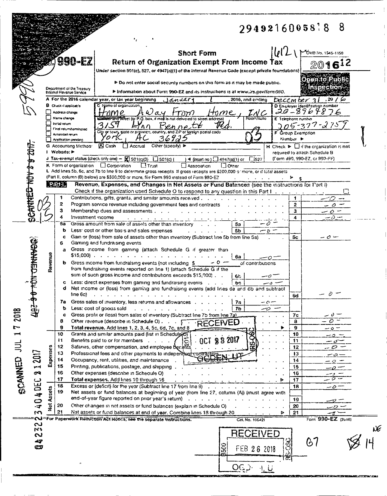 Image of first page of 2016 Form 990EZ for Home Away From Home