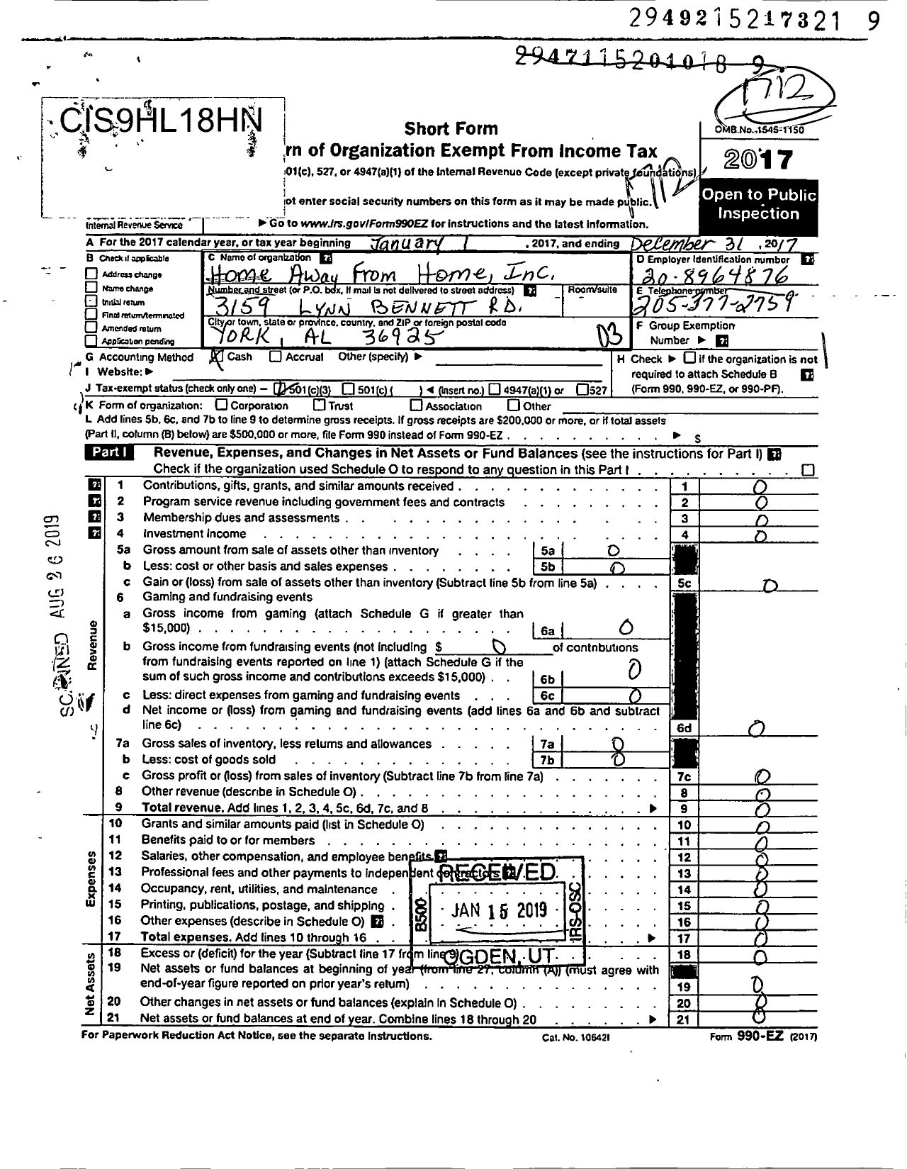 Image of first page of 2017 Form 990EZ for Home Away From Home