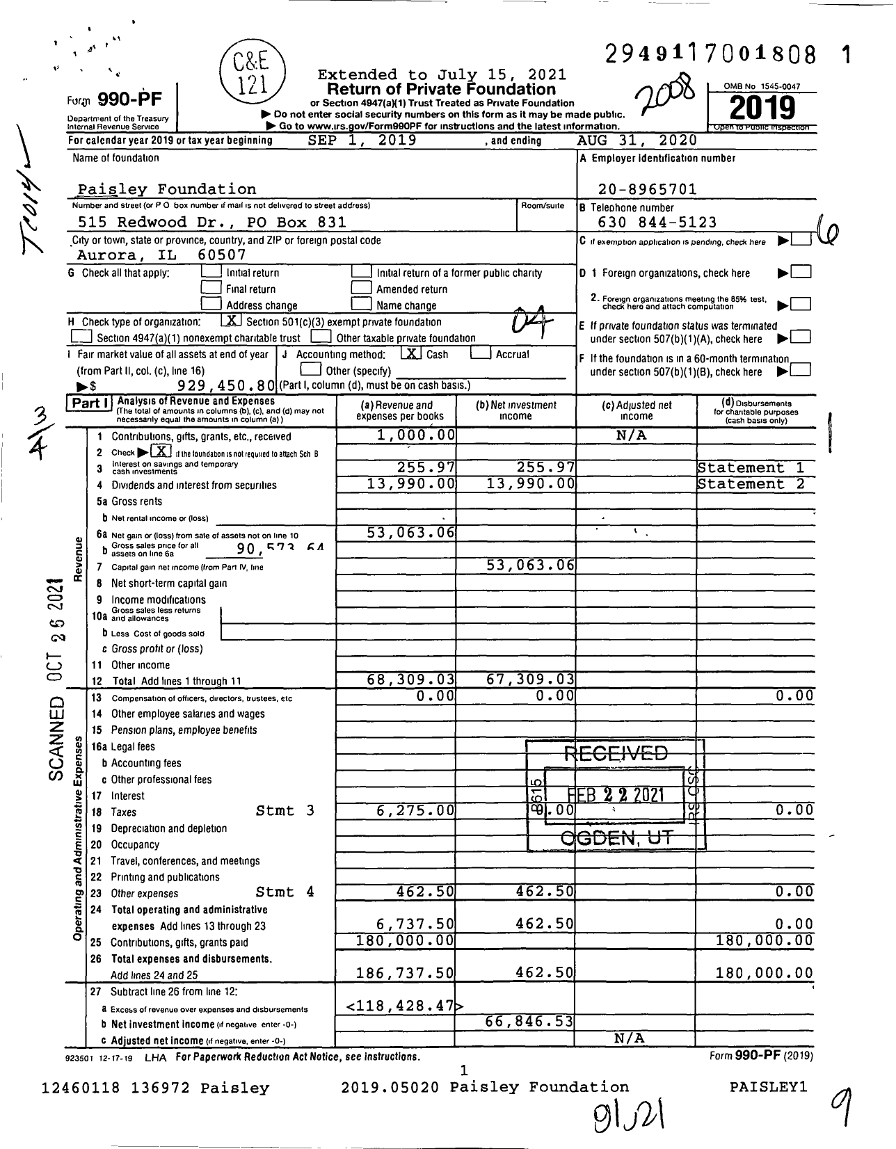 Image of first page of 2019 Form 990PF for Paisley Foundation