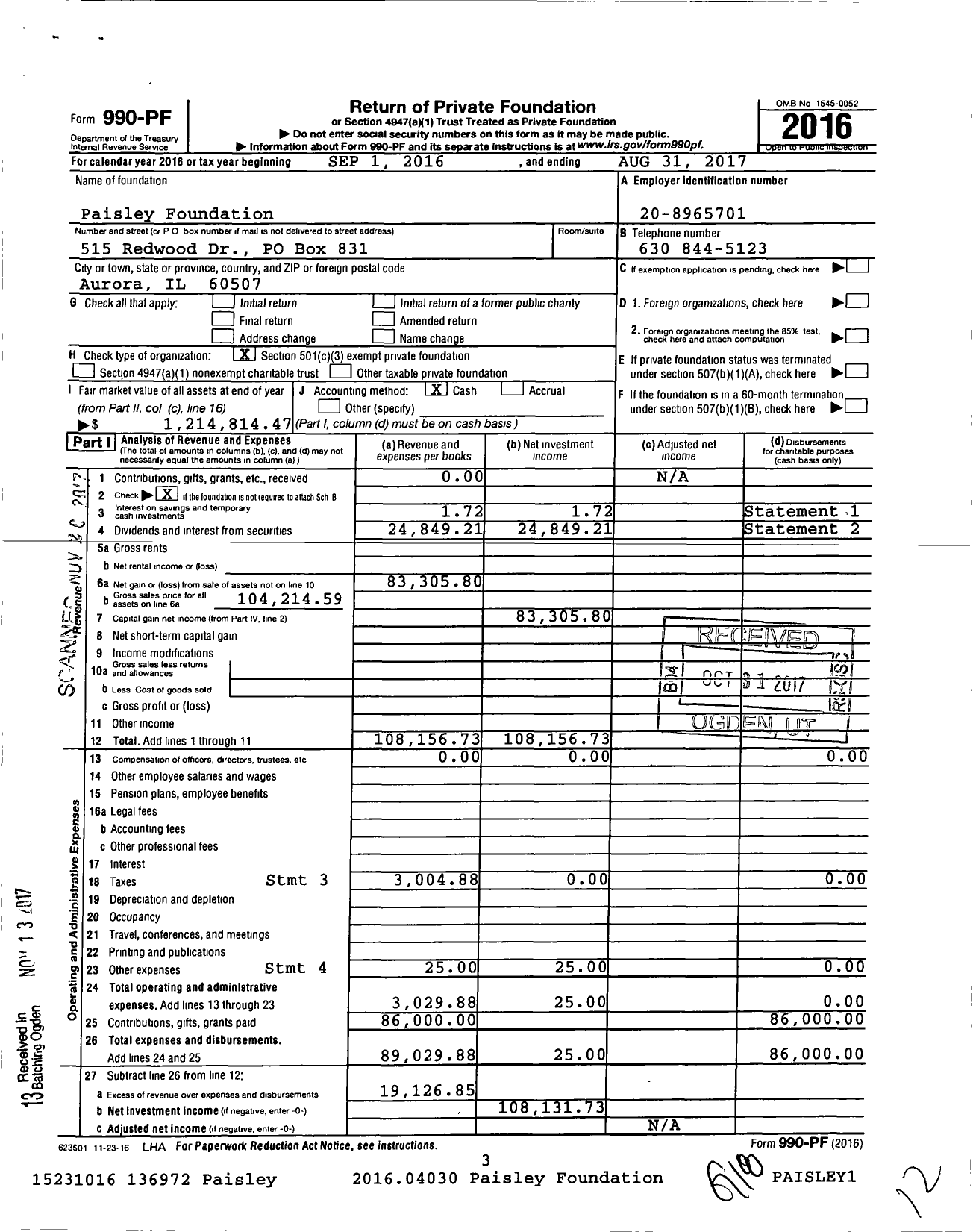 Image of first page of 2016 Form 990PF for Paisley Foundation