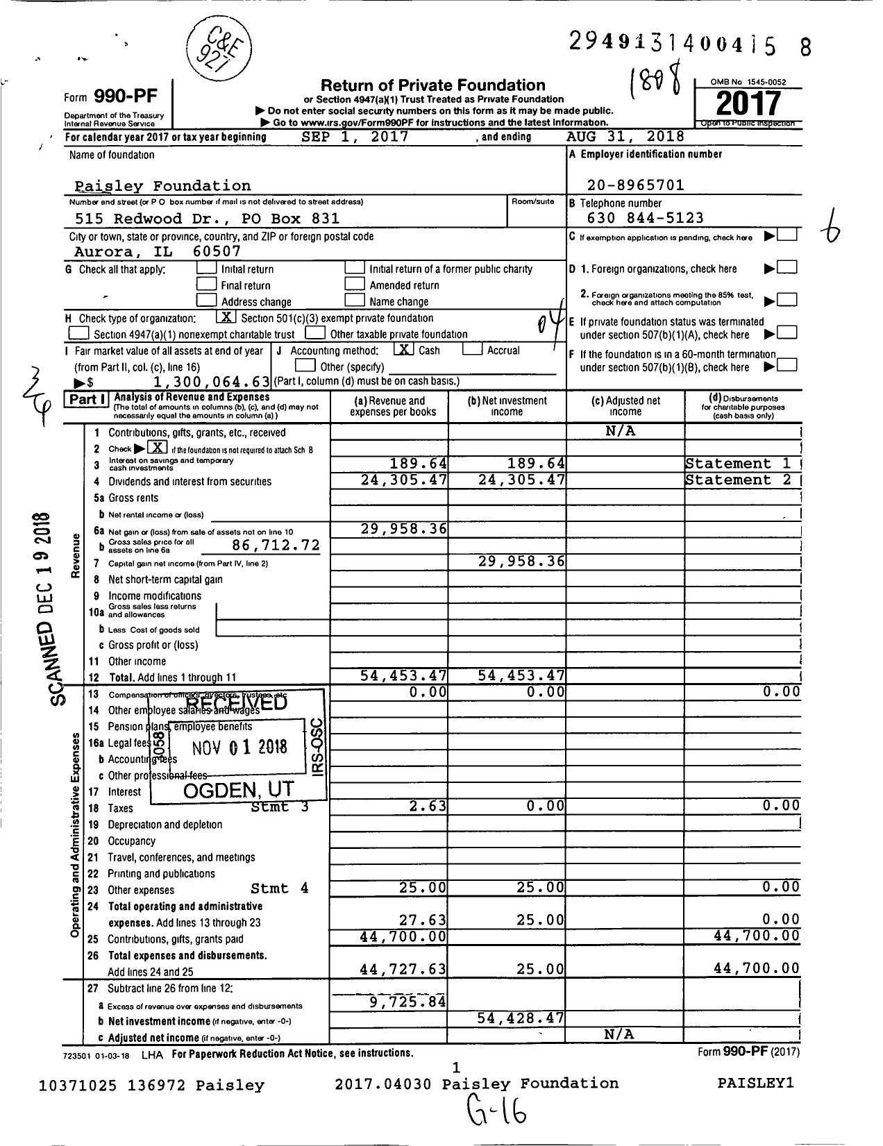 Image of first page of 2017 Form 990PF for Paisley Foundation