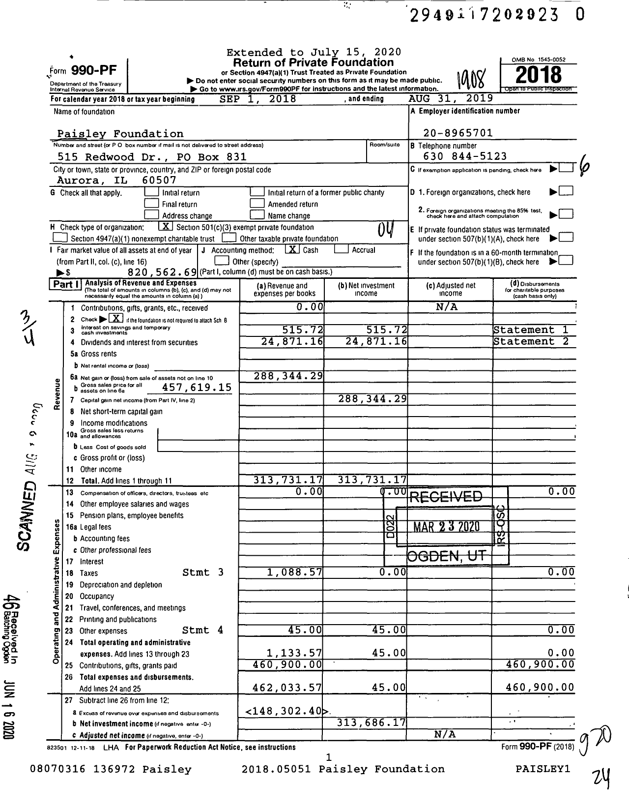 Image of first page of 2018 Form 990PR for Paisley Foundation