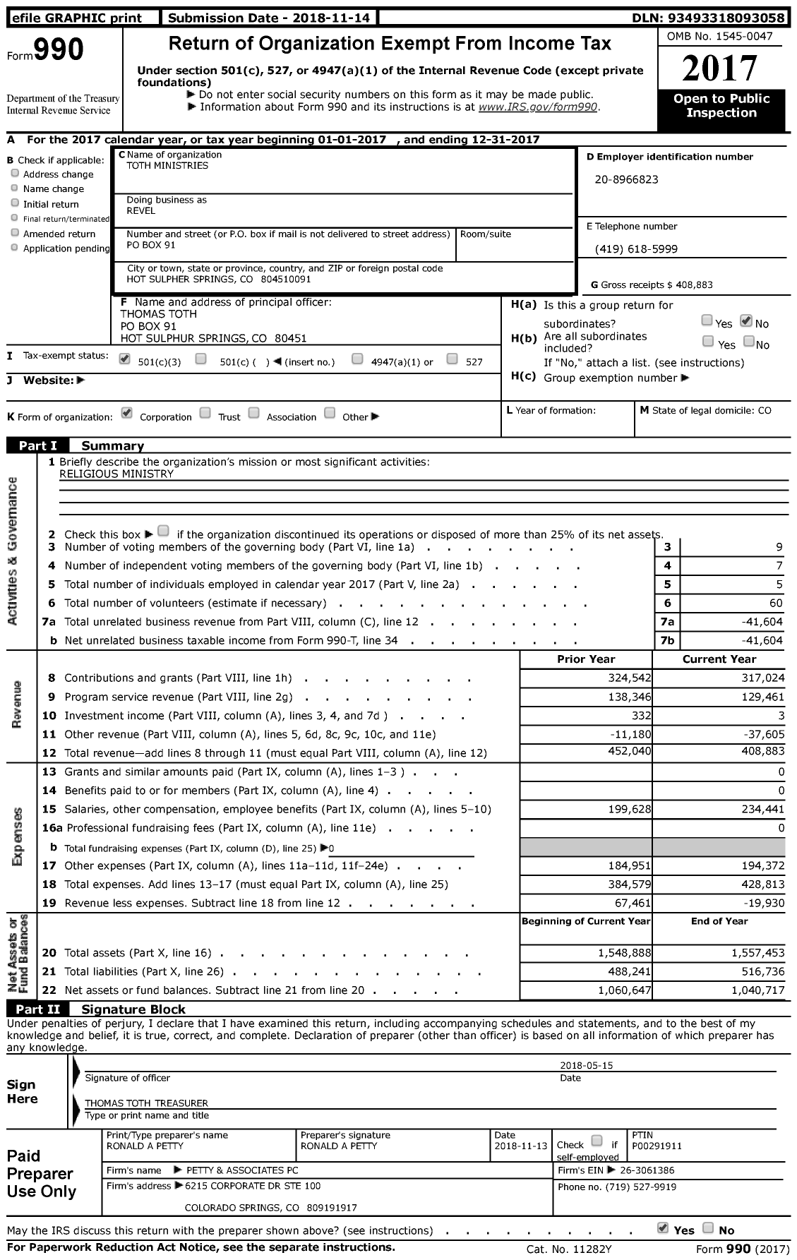 Image of first page of 2017 Form 990 for Revel / Toth Ministries