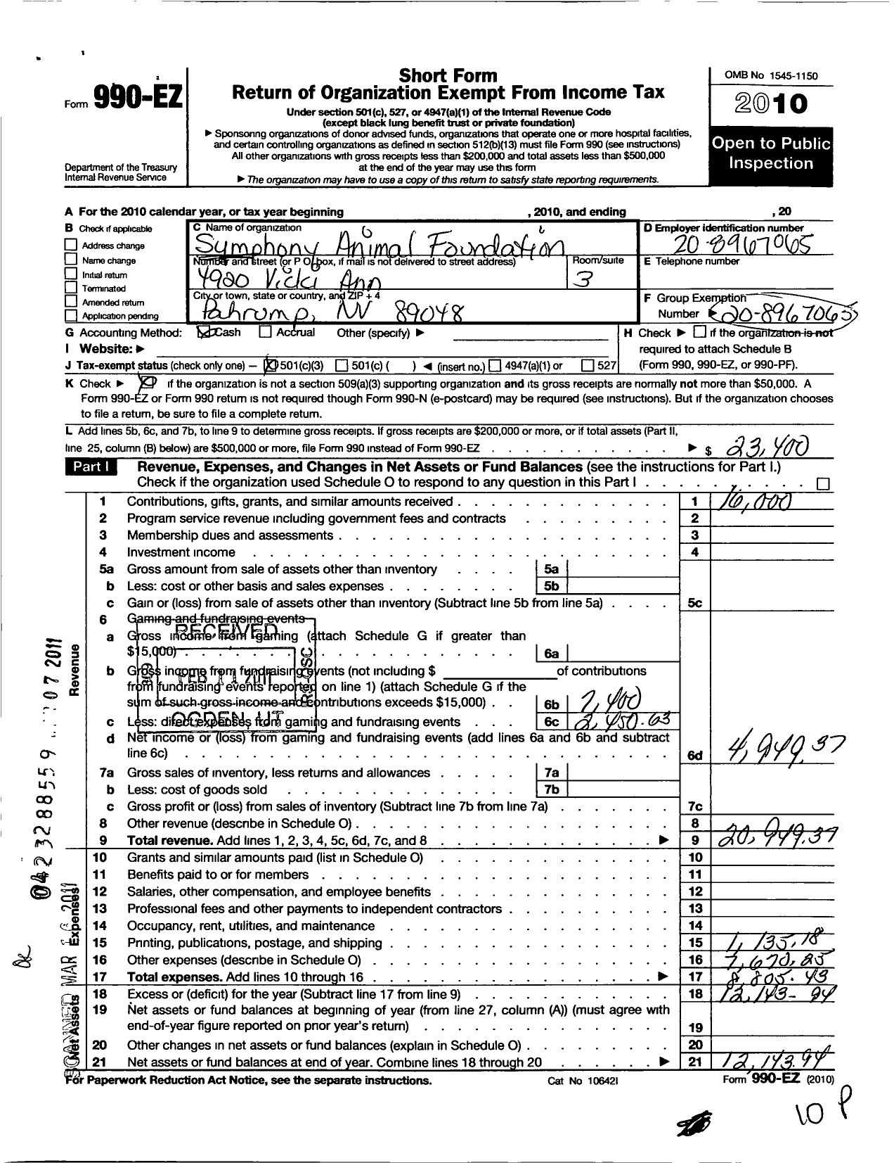 Image of first page of 2010 Form 990EZ for Symphony Animal Foundation