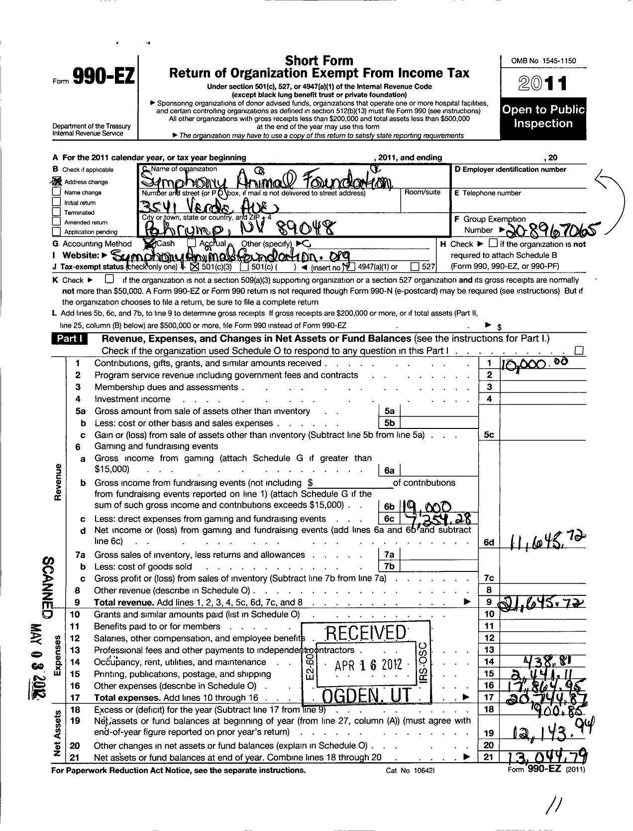 Image of first page of 2011 Form 990EZ for Symphony Animal Foundation