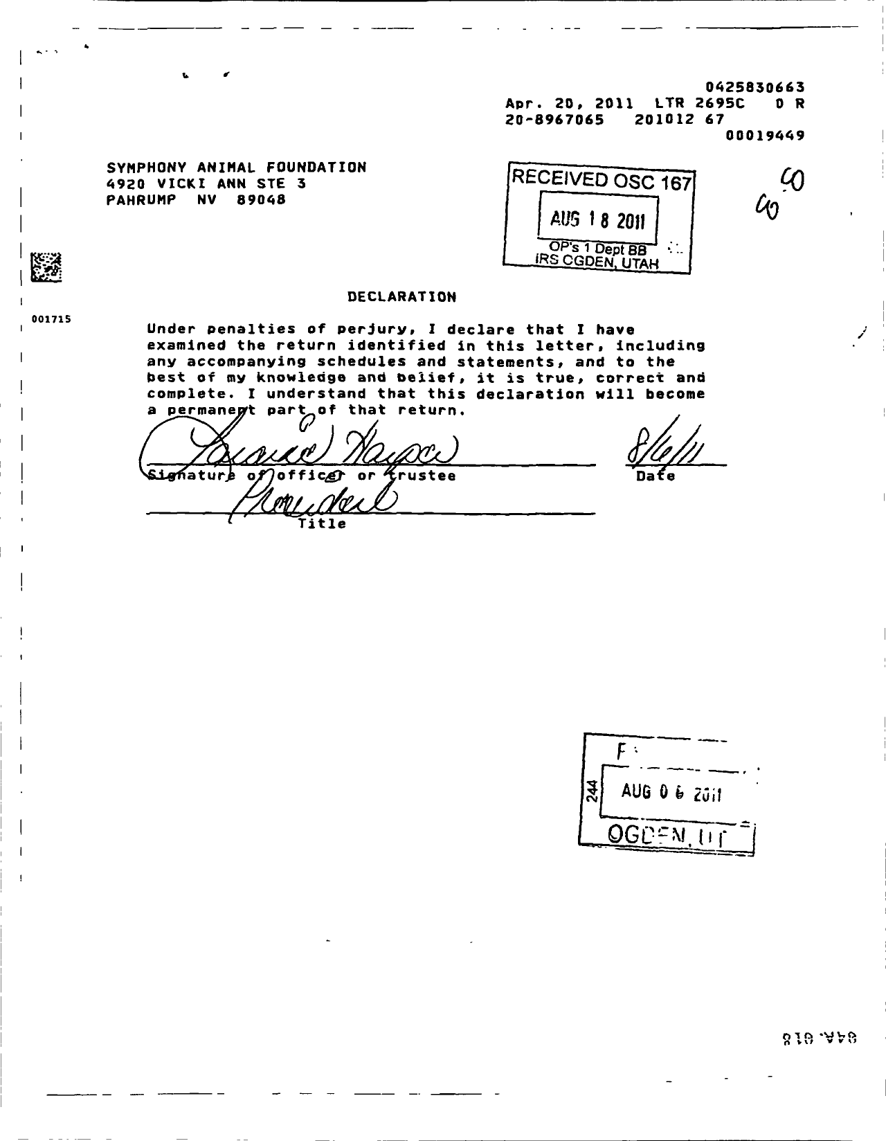 Image of first page of 2010 Form 990ER for Symphony Animal Foundation