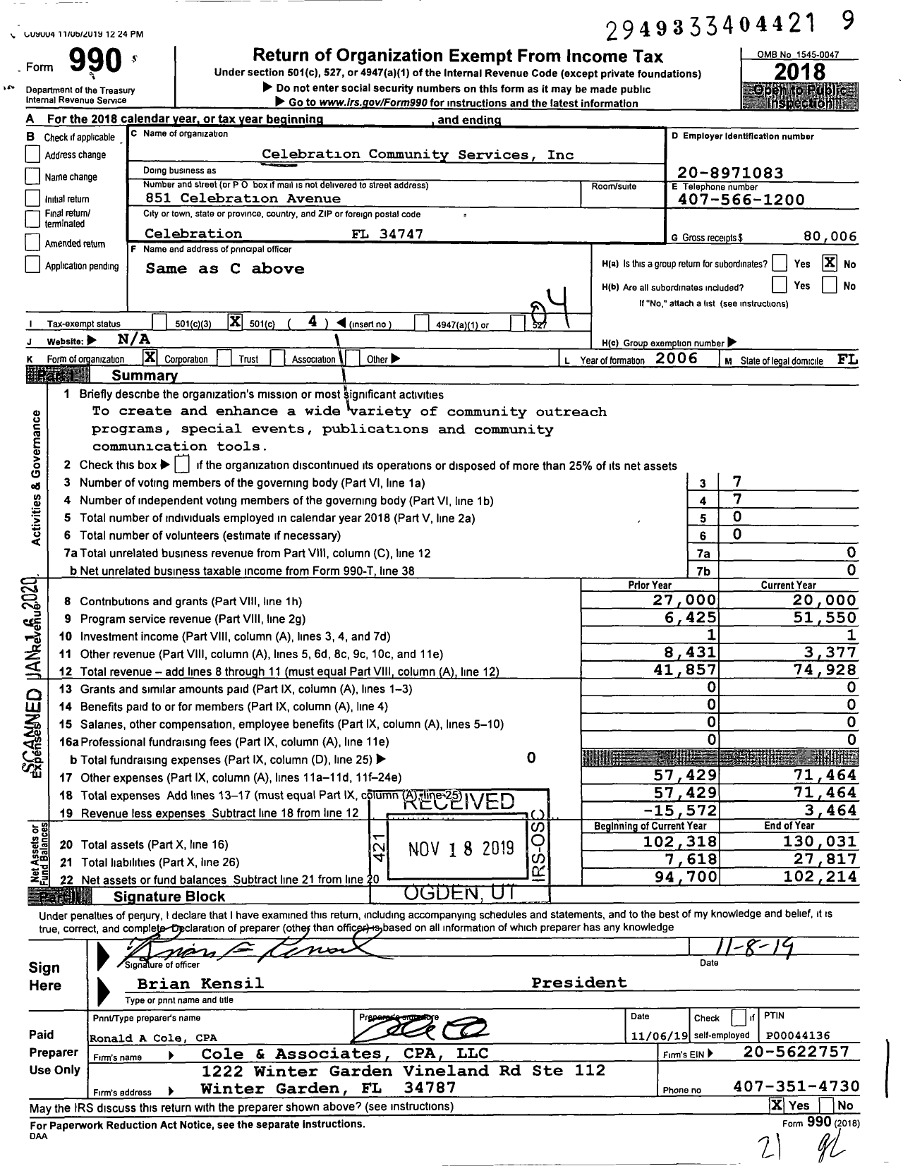 Image of first page of 2018 Form 990O for Celebration Community Services