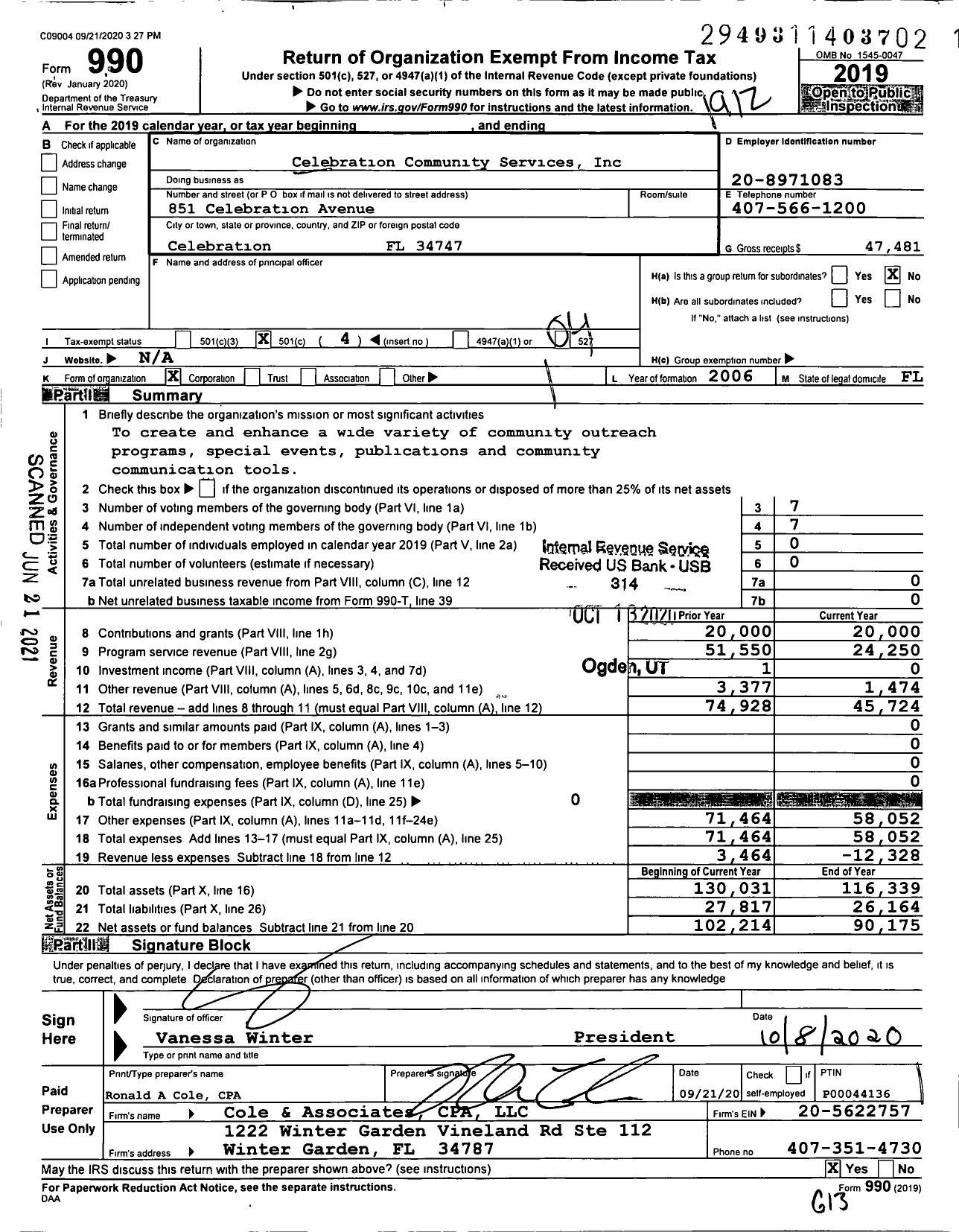 Image of first page of 2019 Form 990O for Celebration Community Services