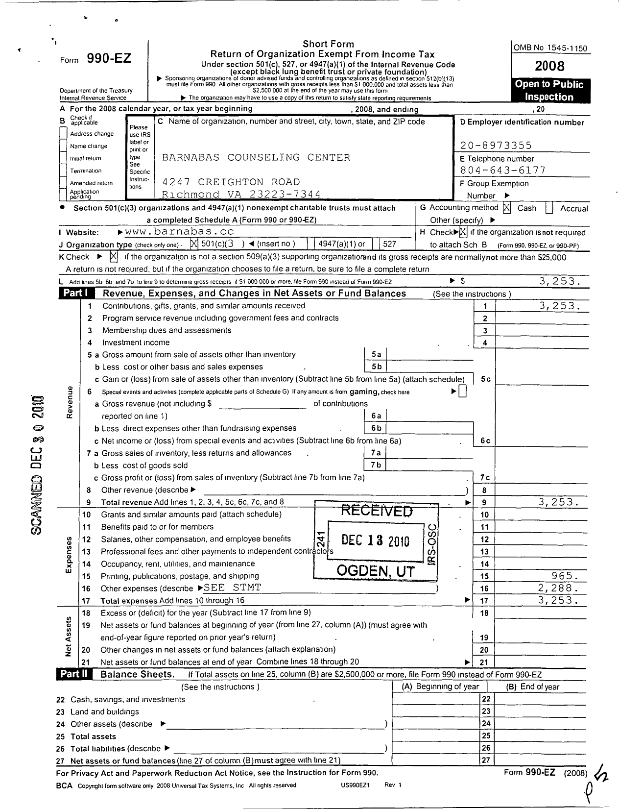 Image of first page of 2008 Form 990EZ for Barnabas Counseling Center