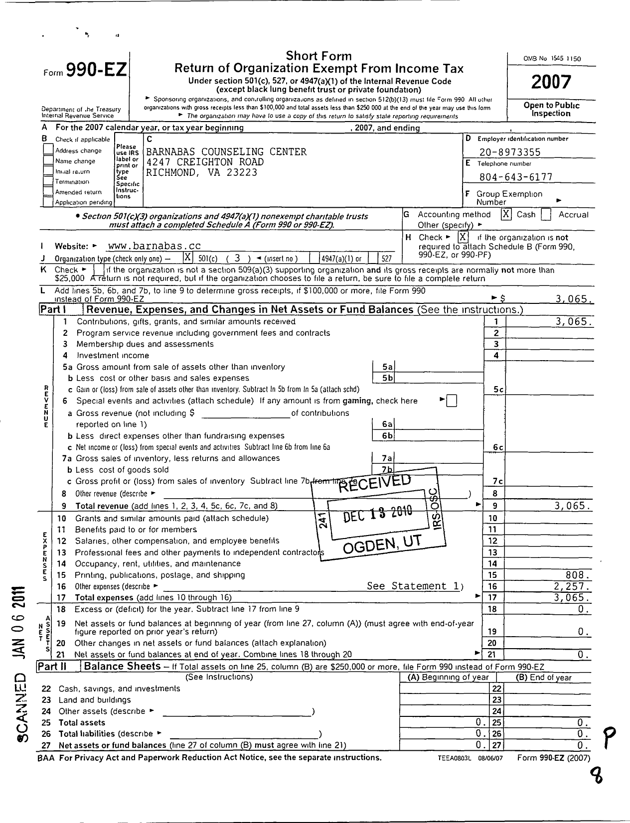 Image of first page of 2007 Form 990EZ for Barnabas Counseling Center