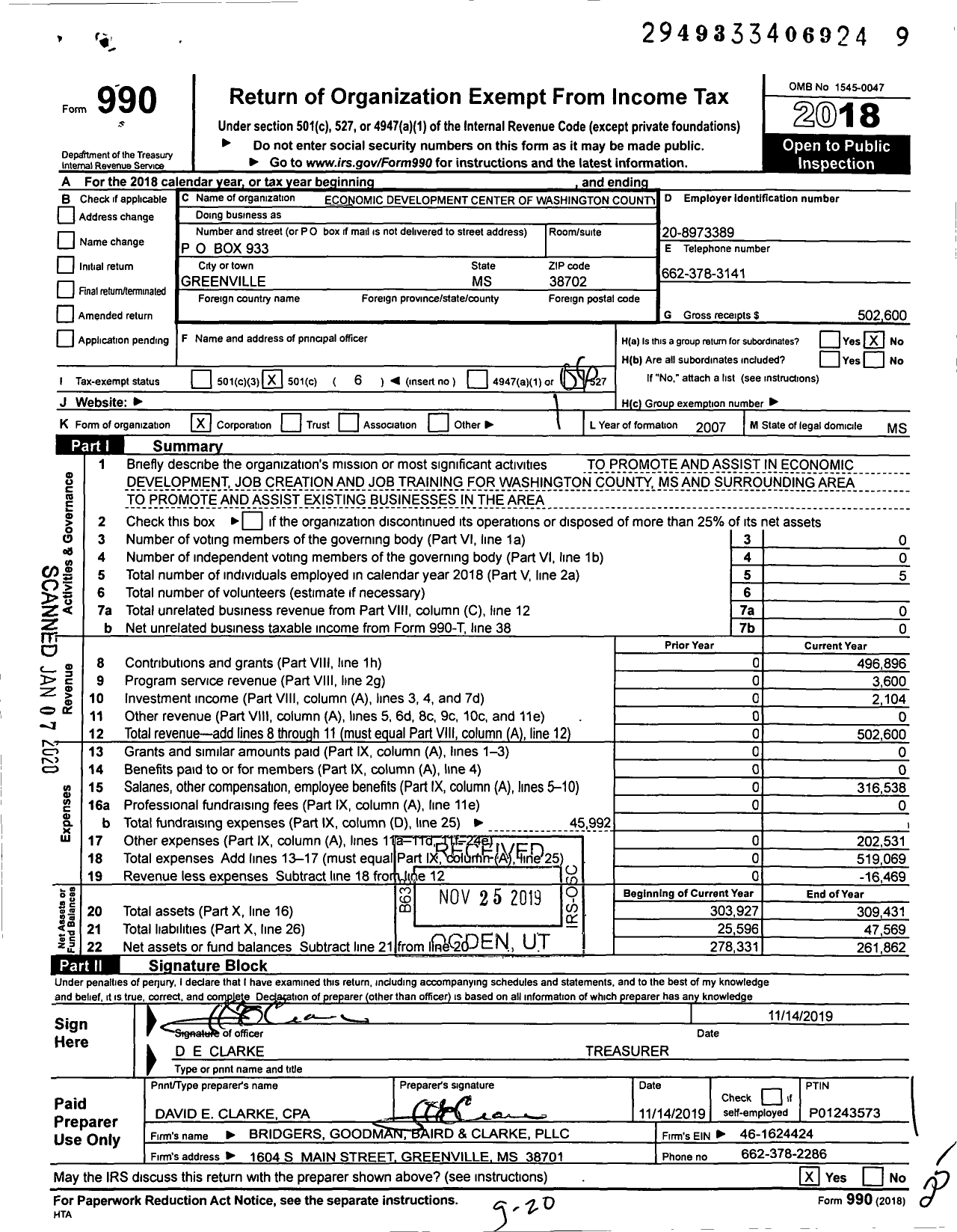 Image of first page of 2018 Form 990O for Economic Development Center of Washington County