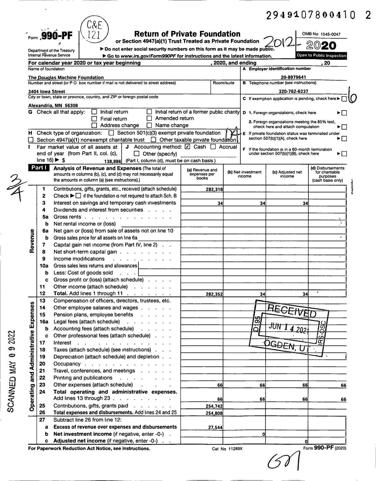 Image of first page of 2020 Form 990PF for Douglas Machine Foundation