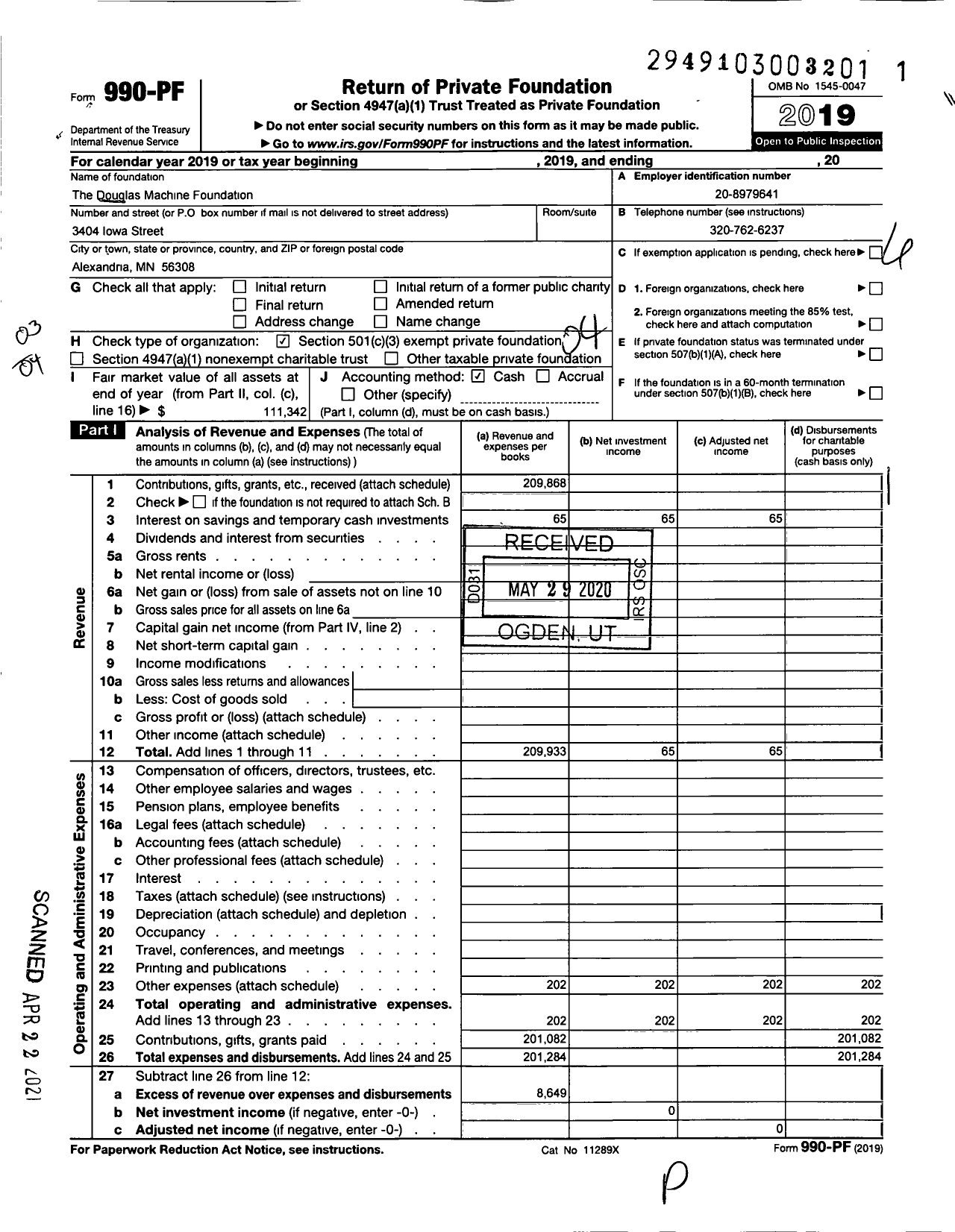 Image of first page of 2019 Form 990PF for Douglas Machine Foundation