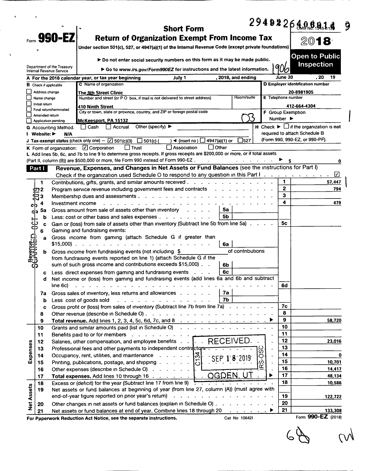 Image of first page of 2018 Form 990EZ for The 9th Street Clinic