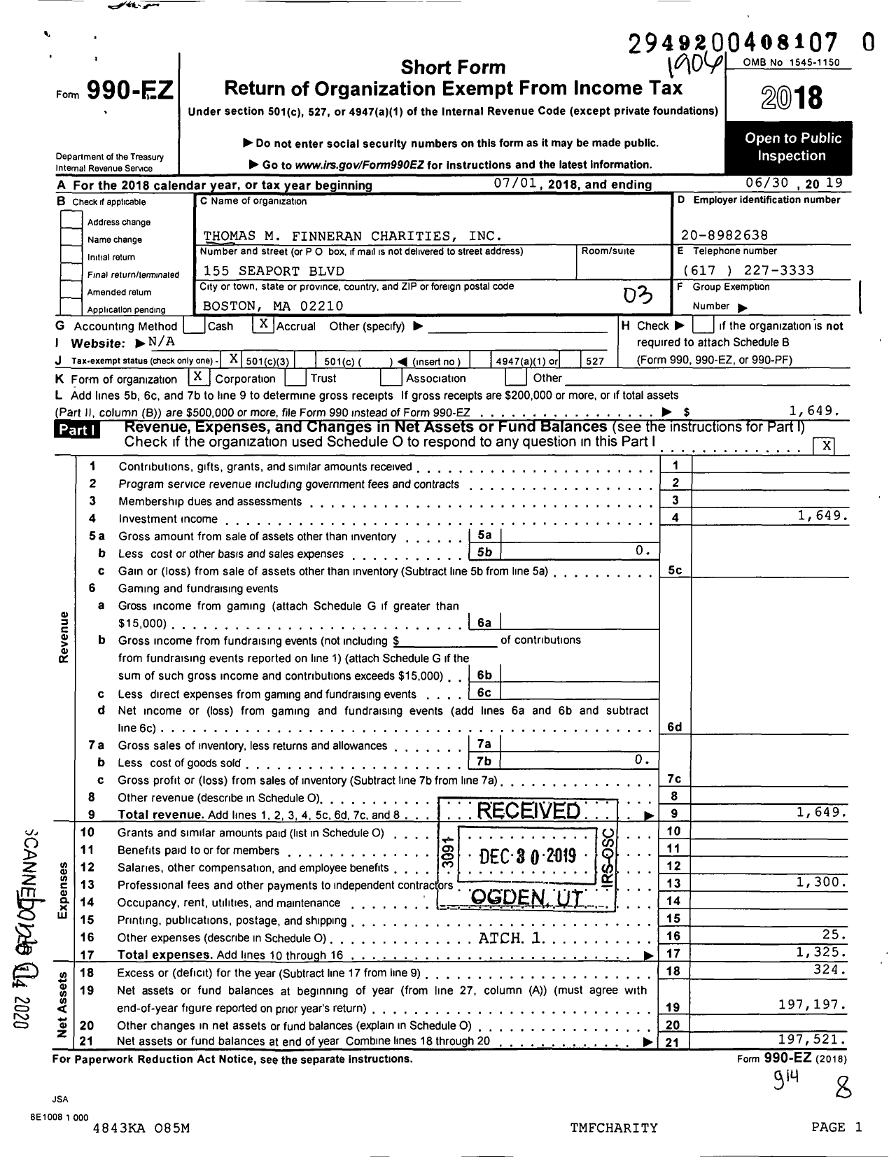 Image of first page of 2018 Form 990EZ for Thomas M Finneran Charities