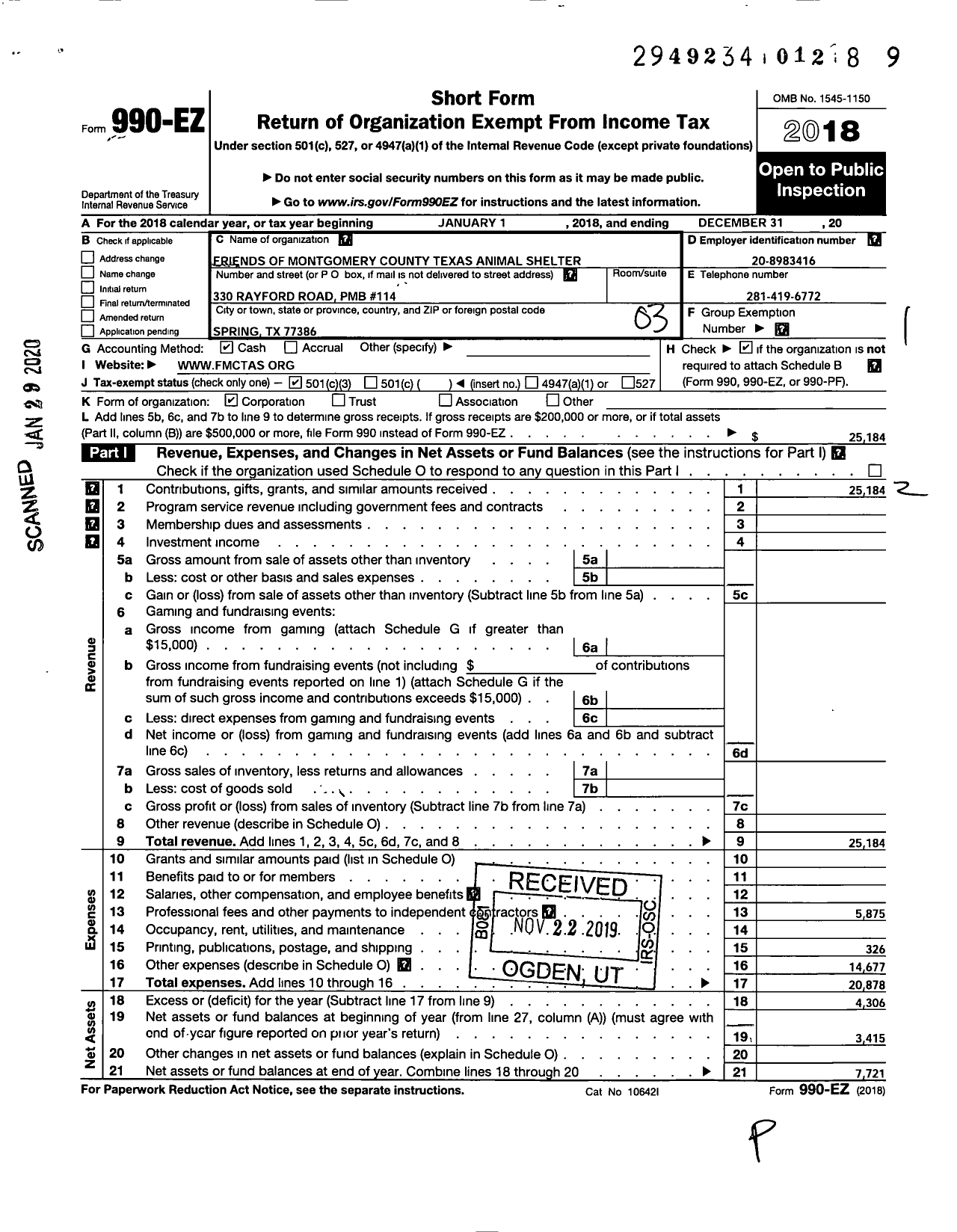 Image of first page of 2018 Form 990EZ for Friends of Montgomery County Texas Animal Shelter