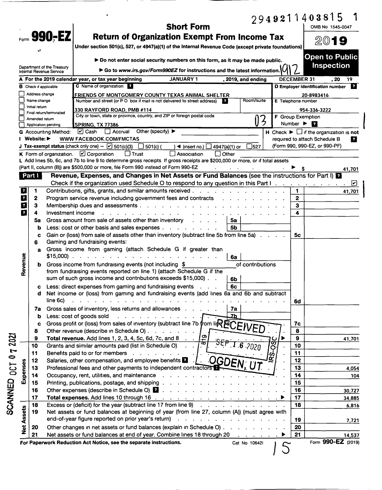 Image of first page of 2019 Form 990EZ for Friends of Montgomery County Texas Animal Shelter