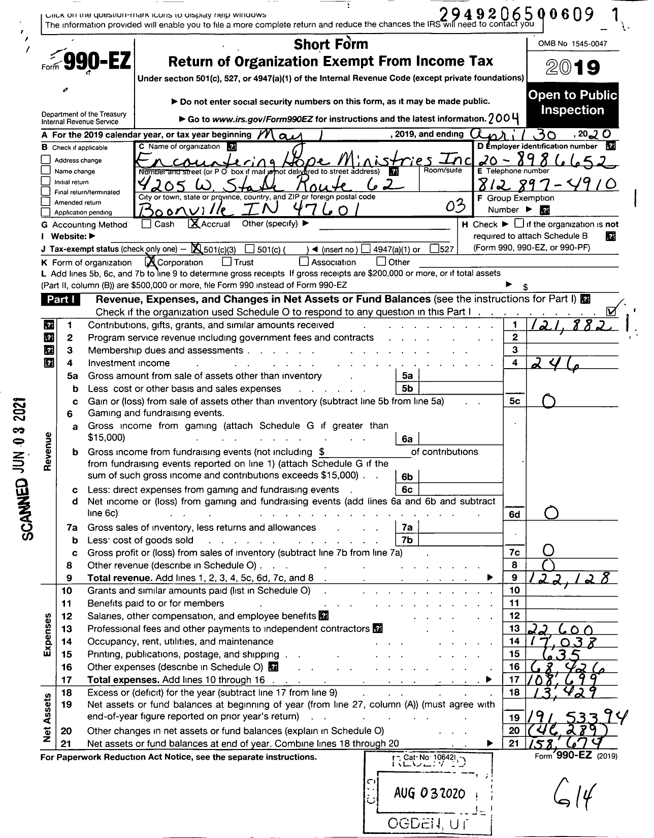 Image of first page of 2019 Form 990EZ for Encountering Hope Ministries Incorporated