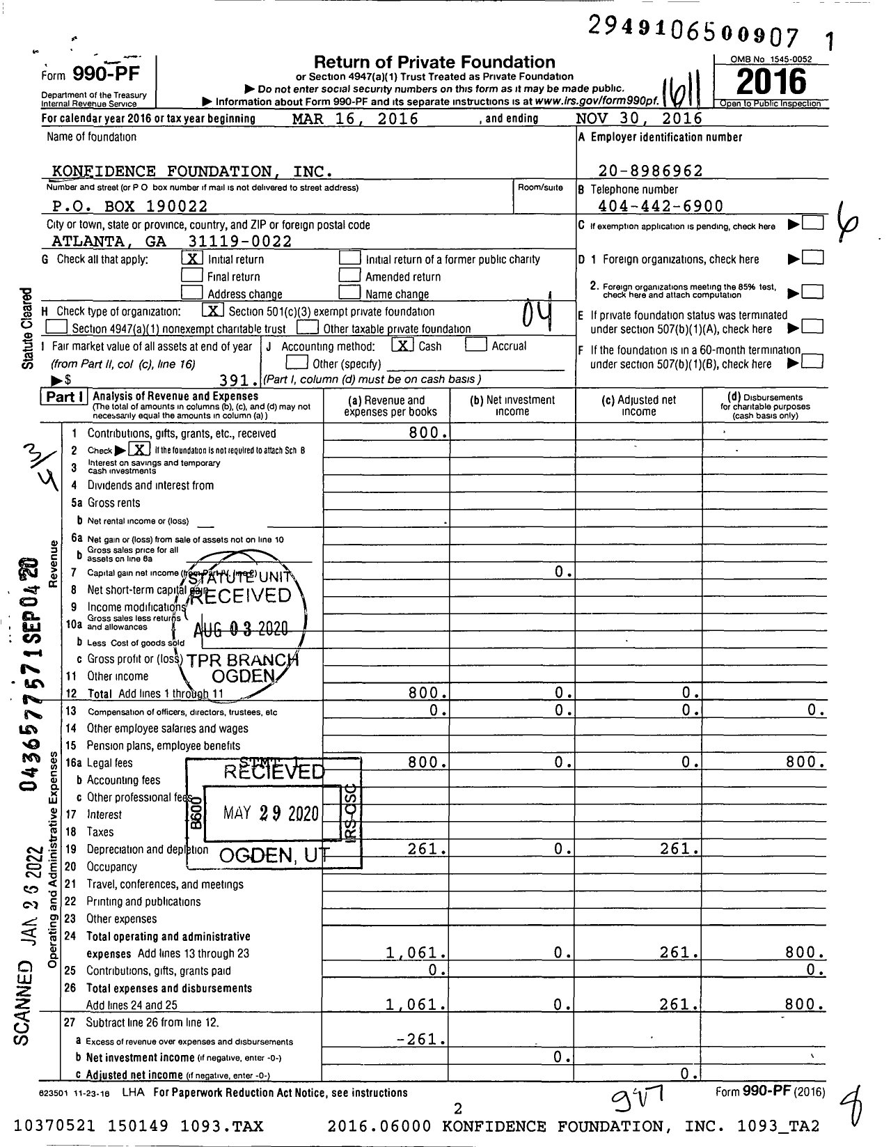 Image of first page of 2015 Form 990PF for Konfidence Foundation