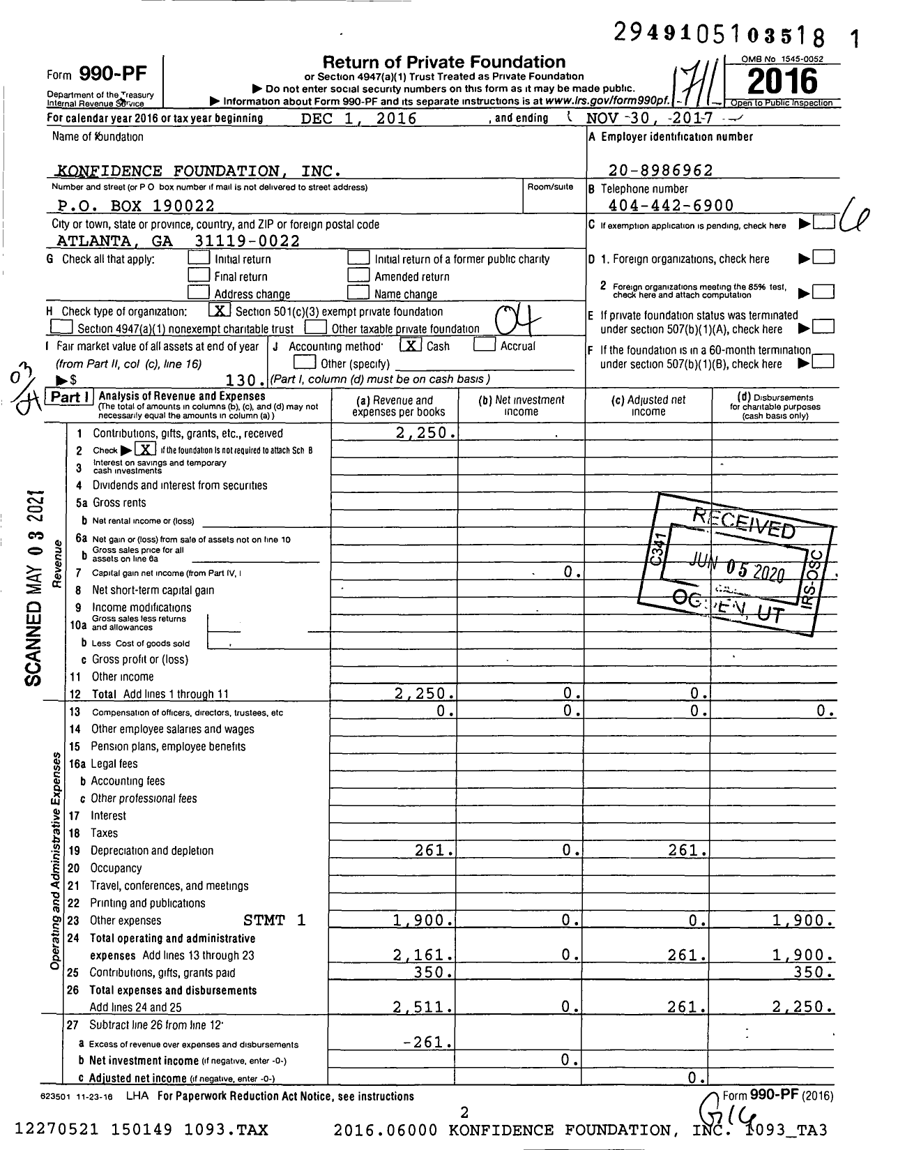 Image of first page of 2016 Form 990PF for Konfidence Foundation