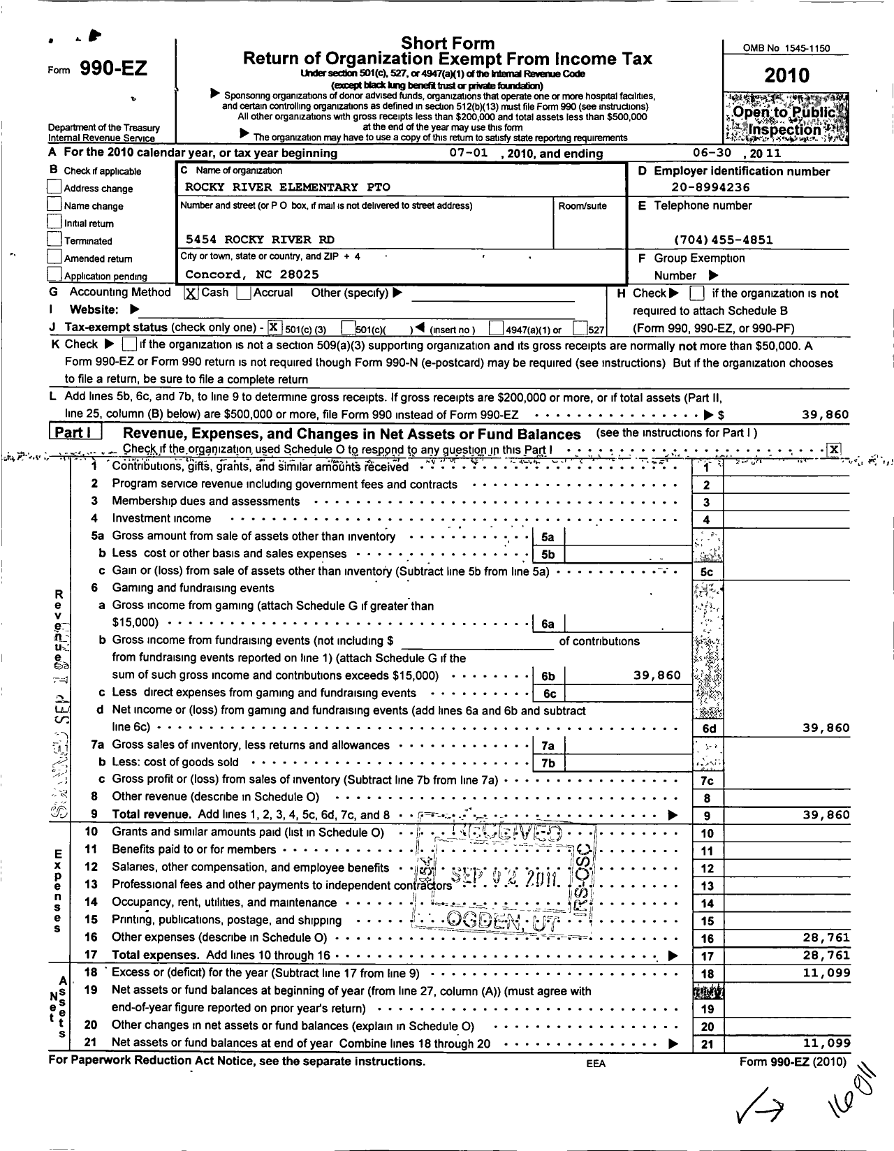 Image of first page of 2010 Form 990EZ for Rocky River Elementary School Pto