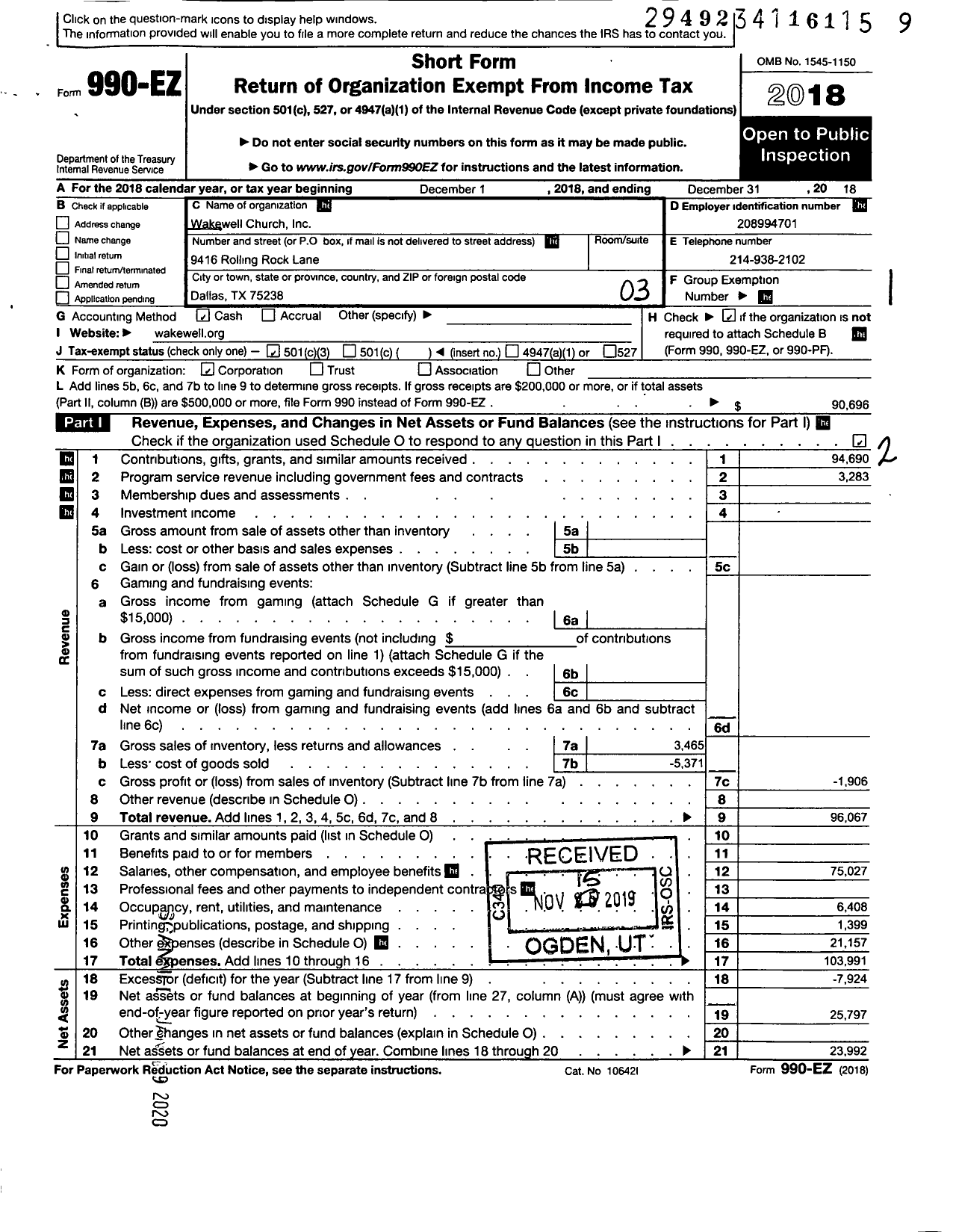 Image of first page of 2018 Form 990EZ for Wakeboard Church