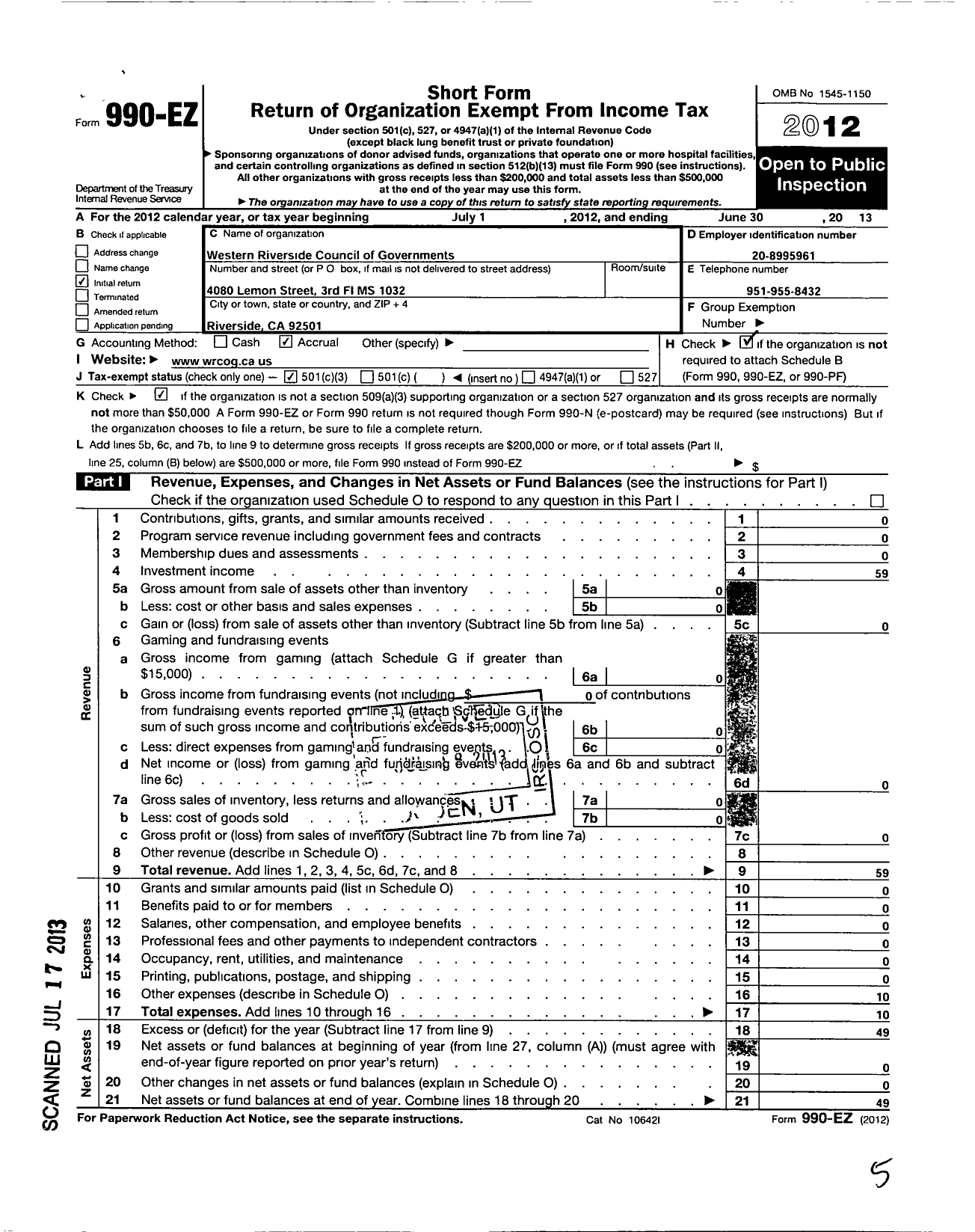 Image of first page of 2012 Form 990EZ for Wrcog Supporting Foundation