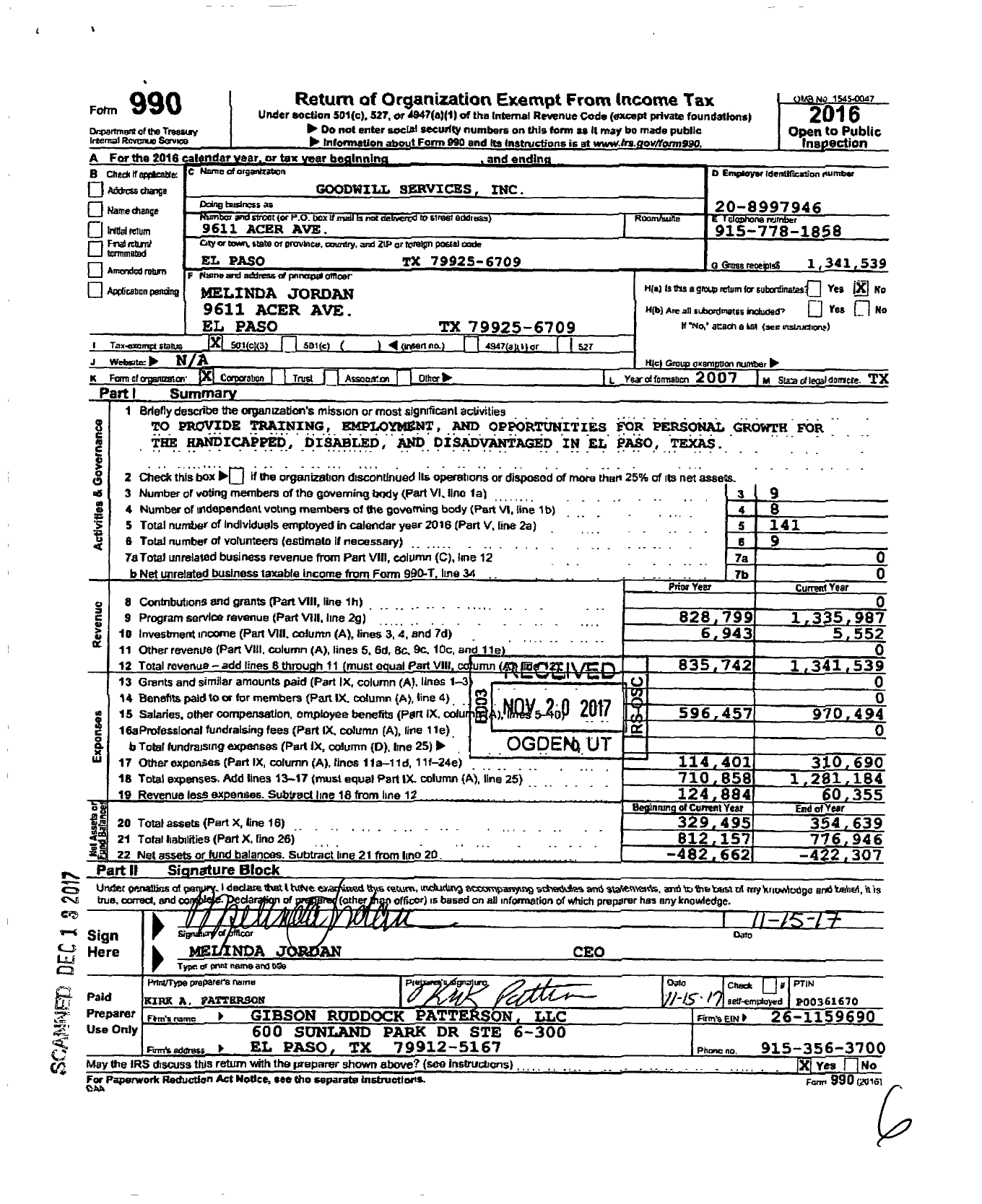 Image of first page of 2016 Form 990 for Goodwill Services