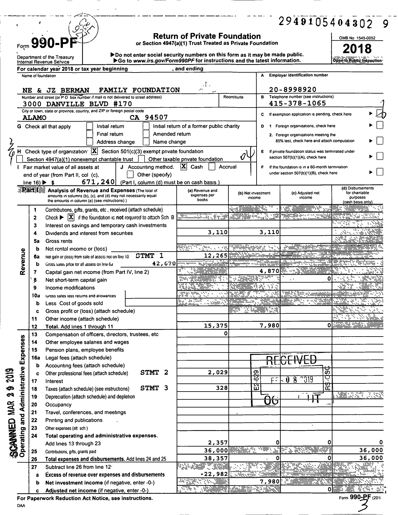 Image of first page of 2018 Form 990PF for Ne and JZ Berman Family Foundation