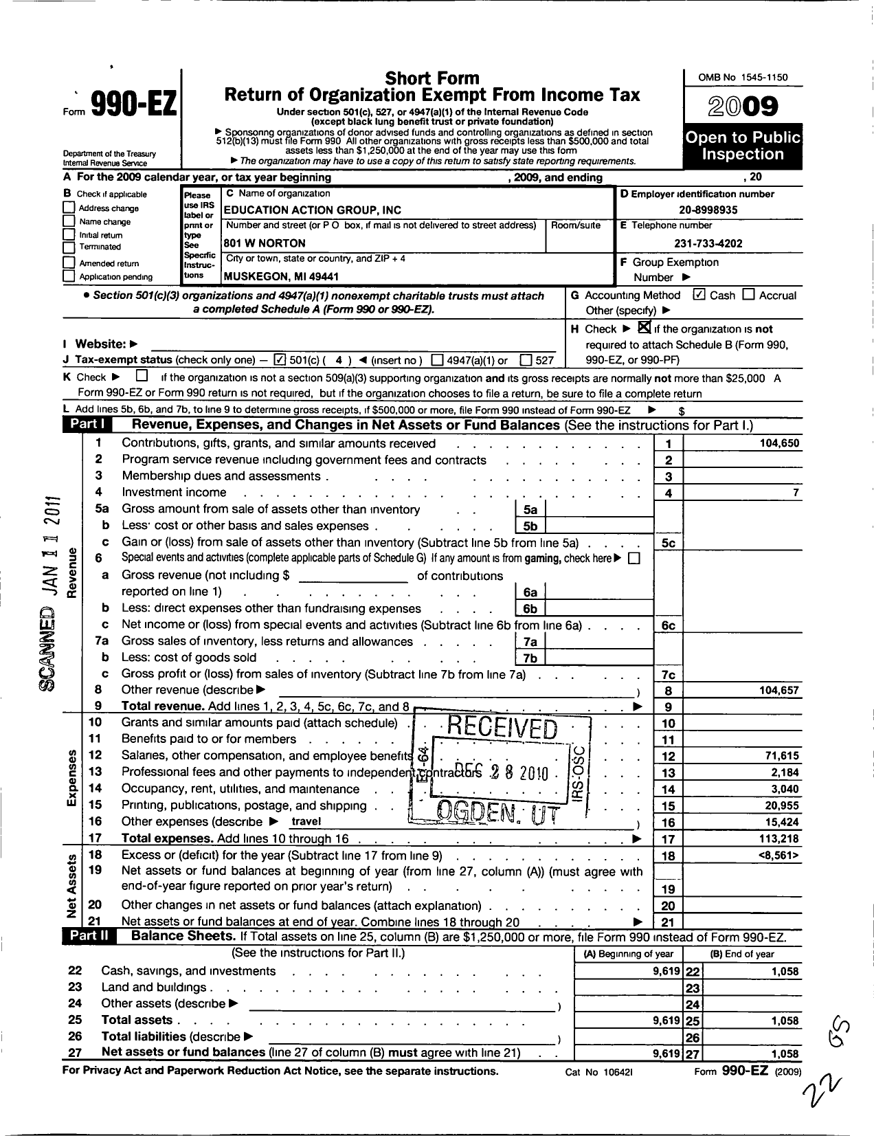 Image of first page of 2009 Form 990EO for Education Action Group