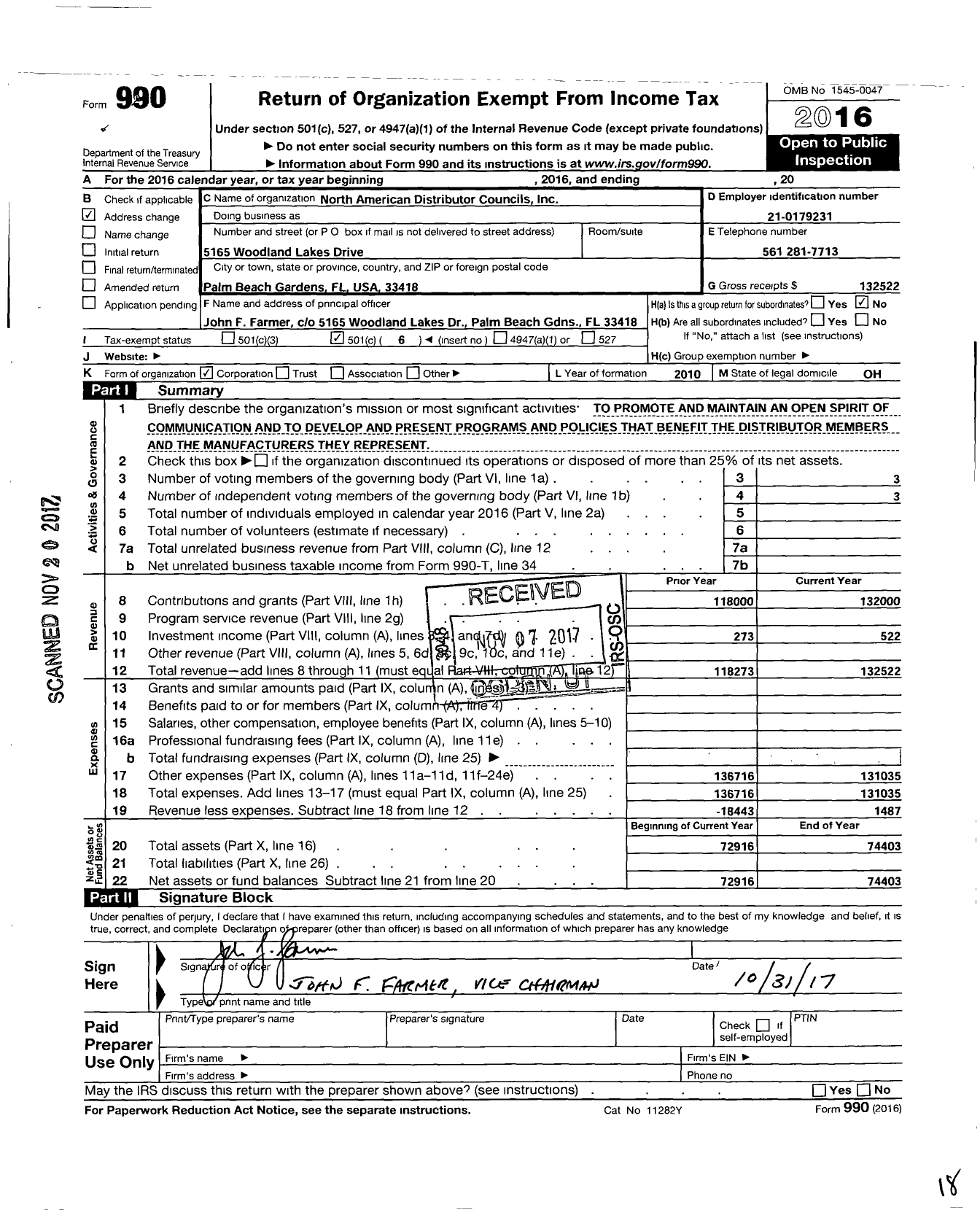 Image of first page of 2016 Form 990O for North American Distributor Councils