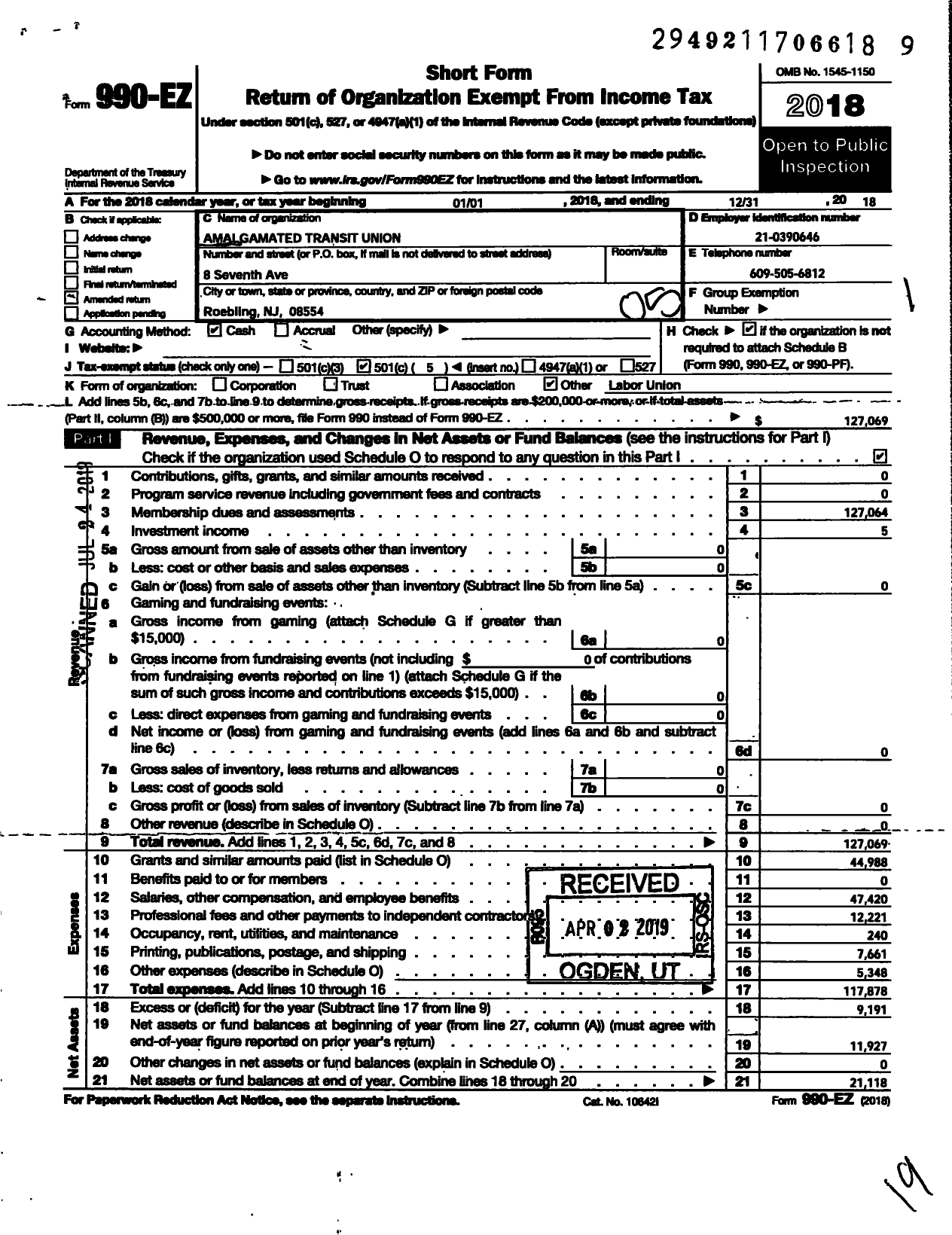 Image of first page of 2018 Form 990EO for Amalgamated Transit Union - 540 Local