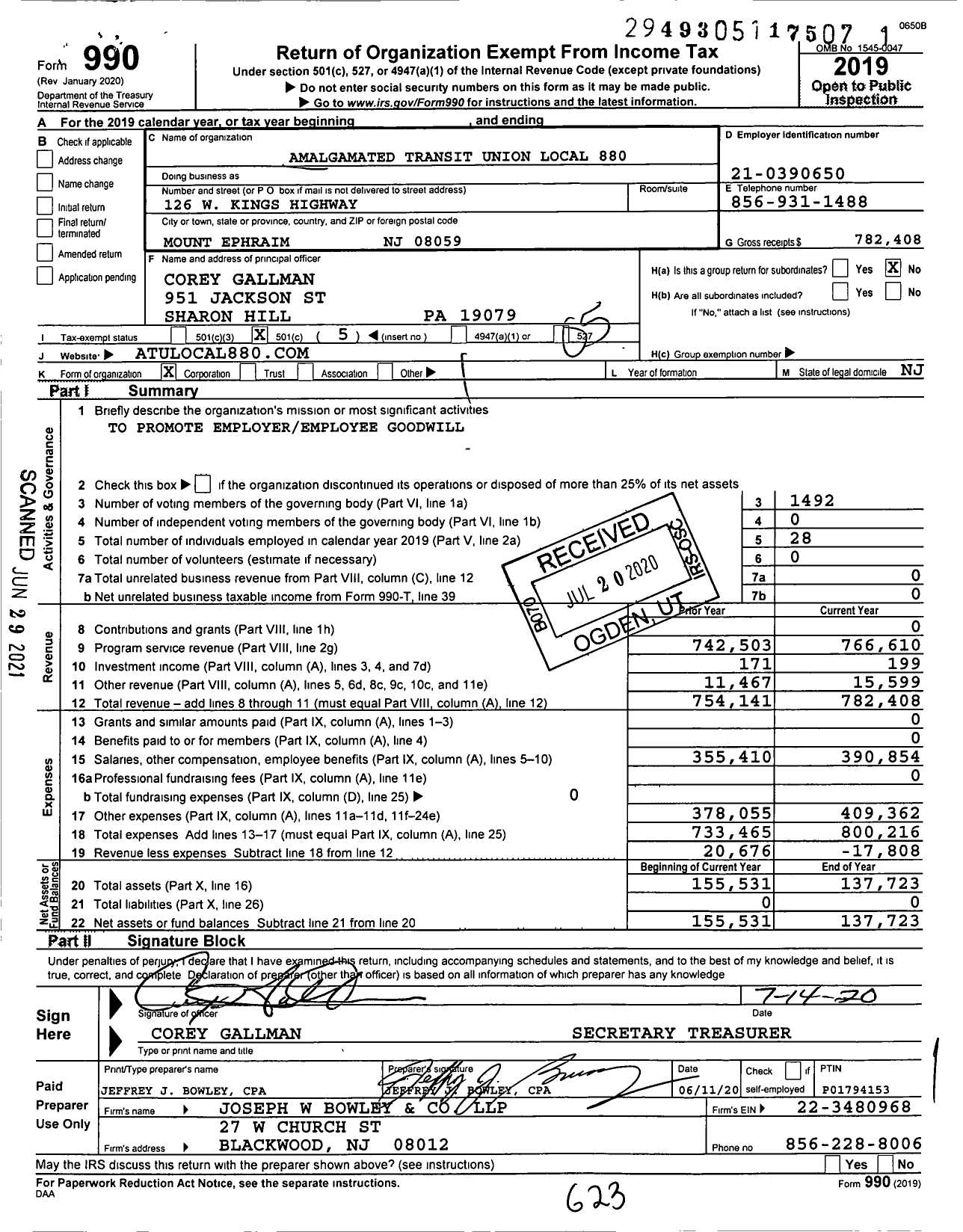 Image of first page of 2019 Form 990O for Amalgamated Transit Union - 880 Local