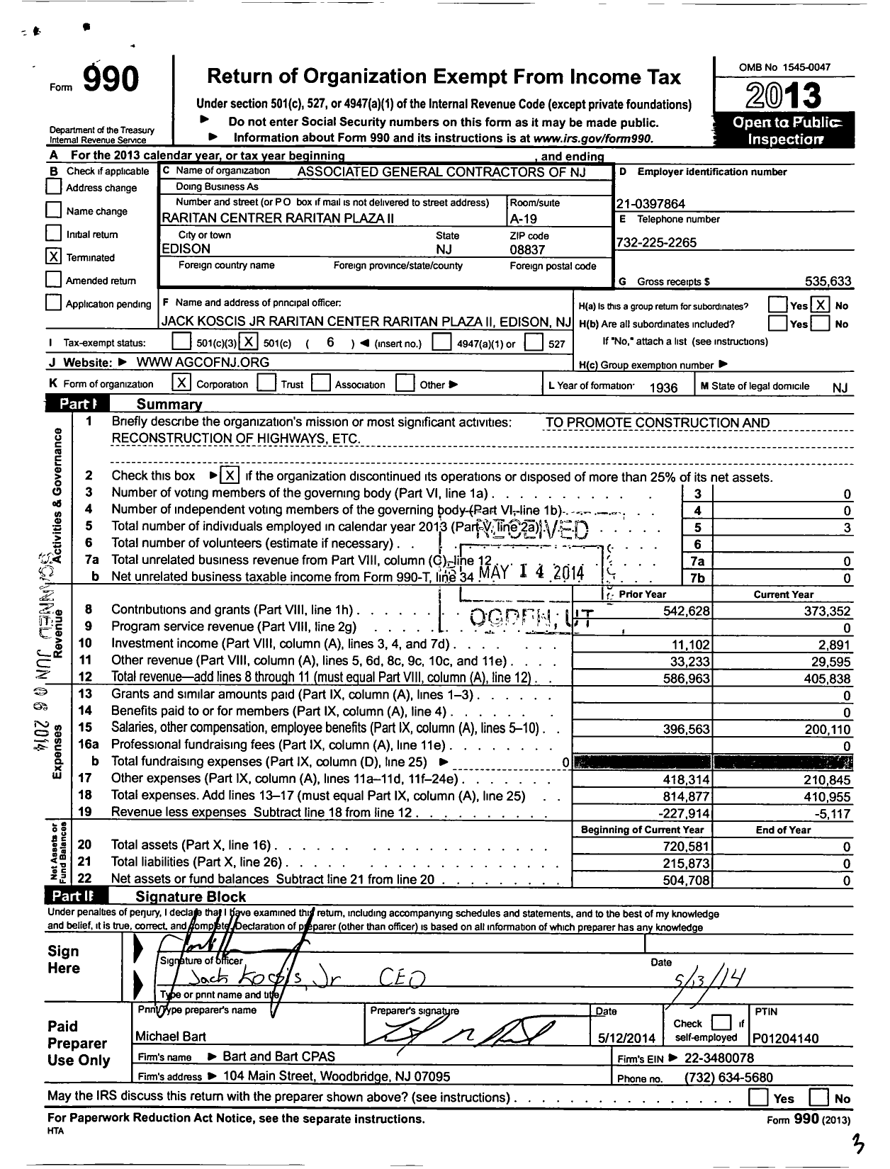 Image of first page of 2013 Form 990O for Associated General Contractors of NJ