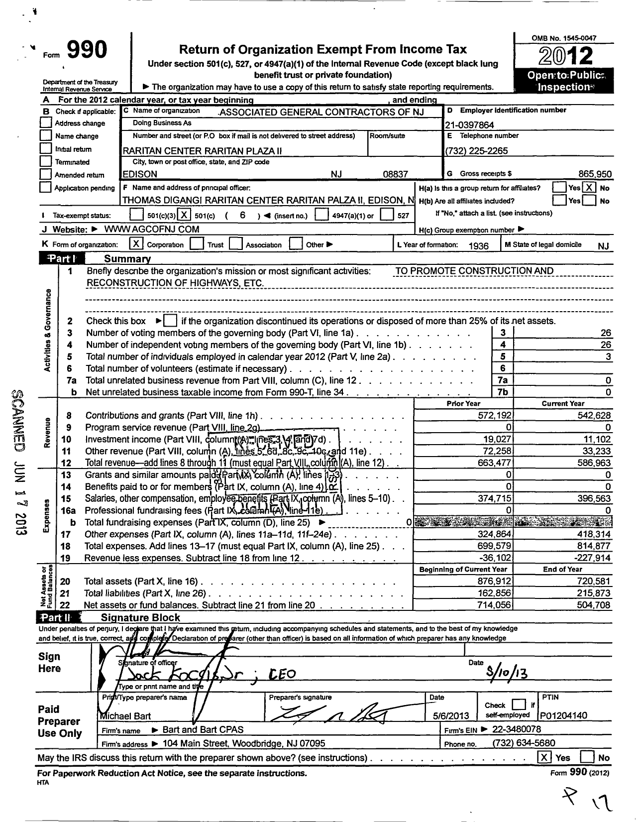 Image of first page of 2012 Form 990O for Associated General Contractors of NJ