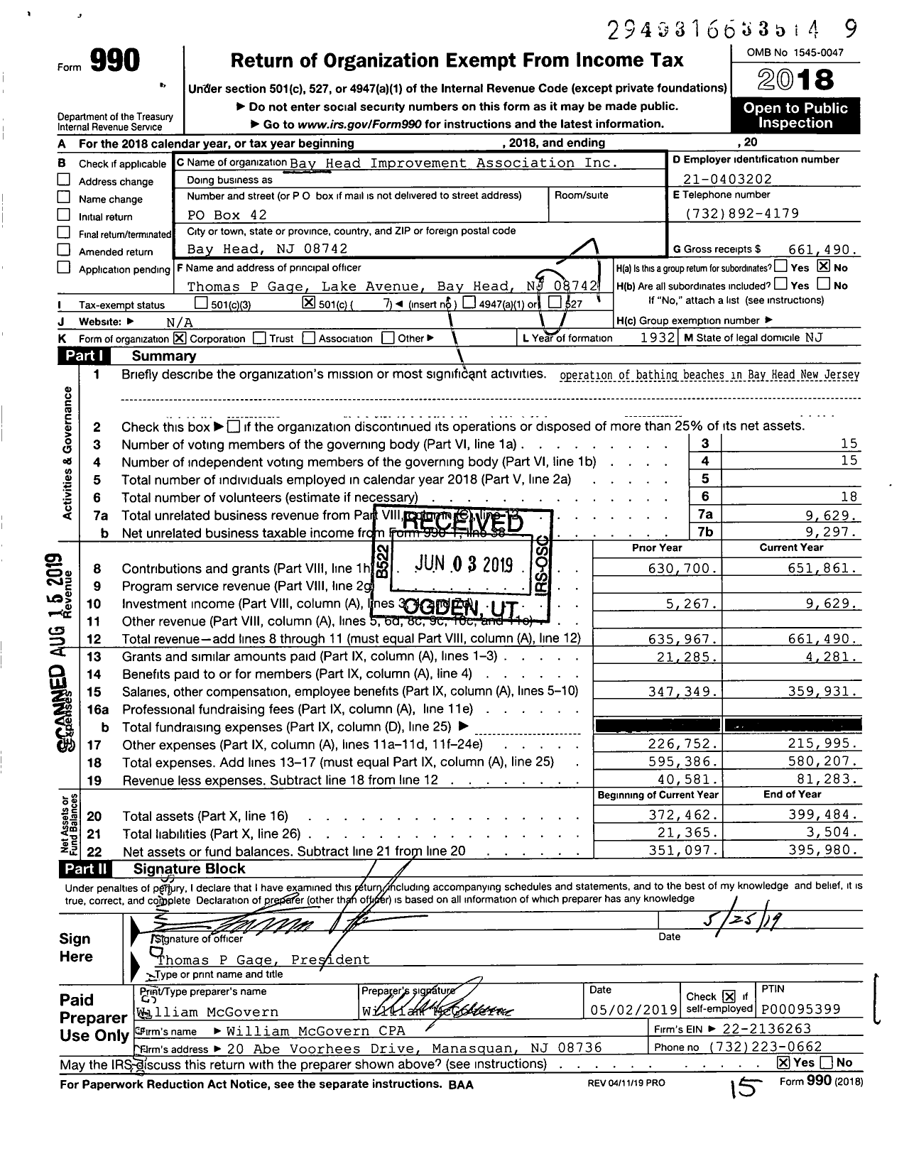 Image of first page of 2018 Form 990O for Bay Head Improvement Association