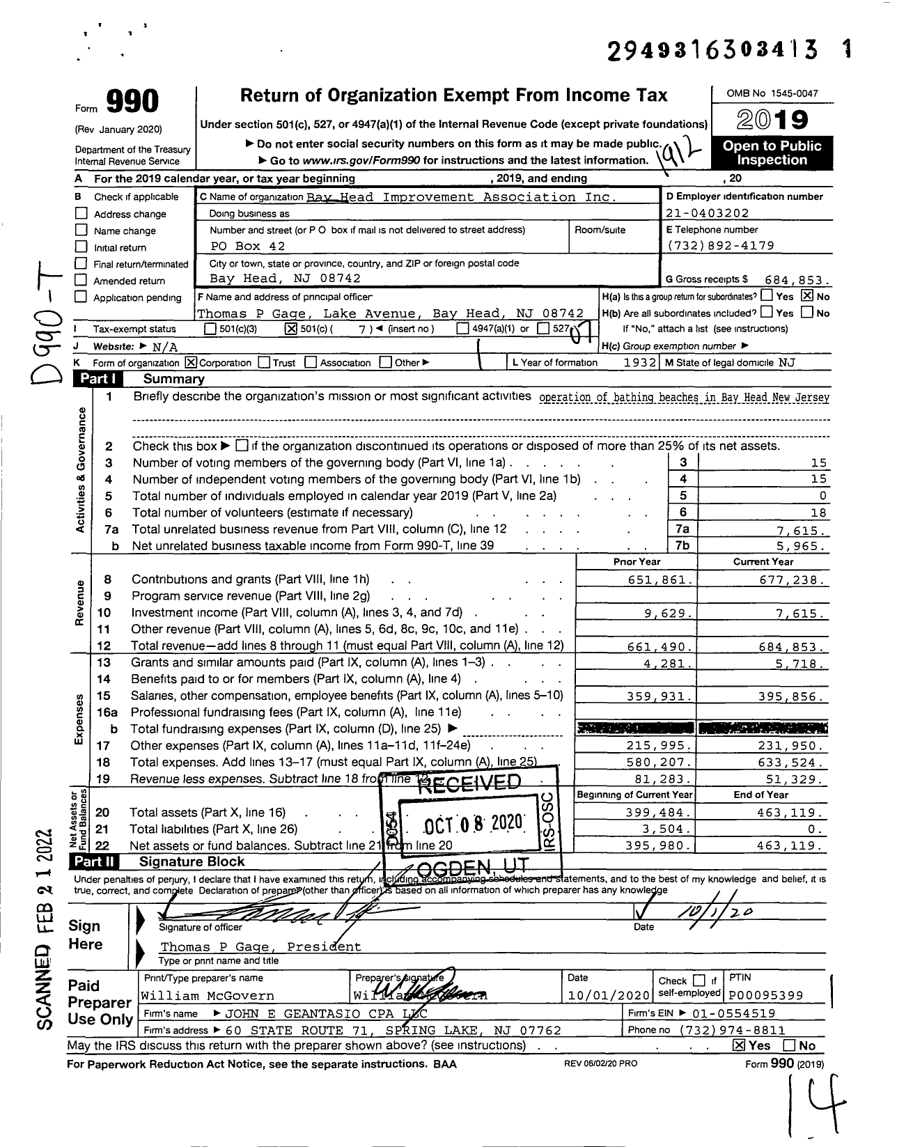 Image of first page of 2019 Form 990O for Bay Head Improvement Association