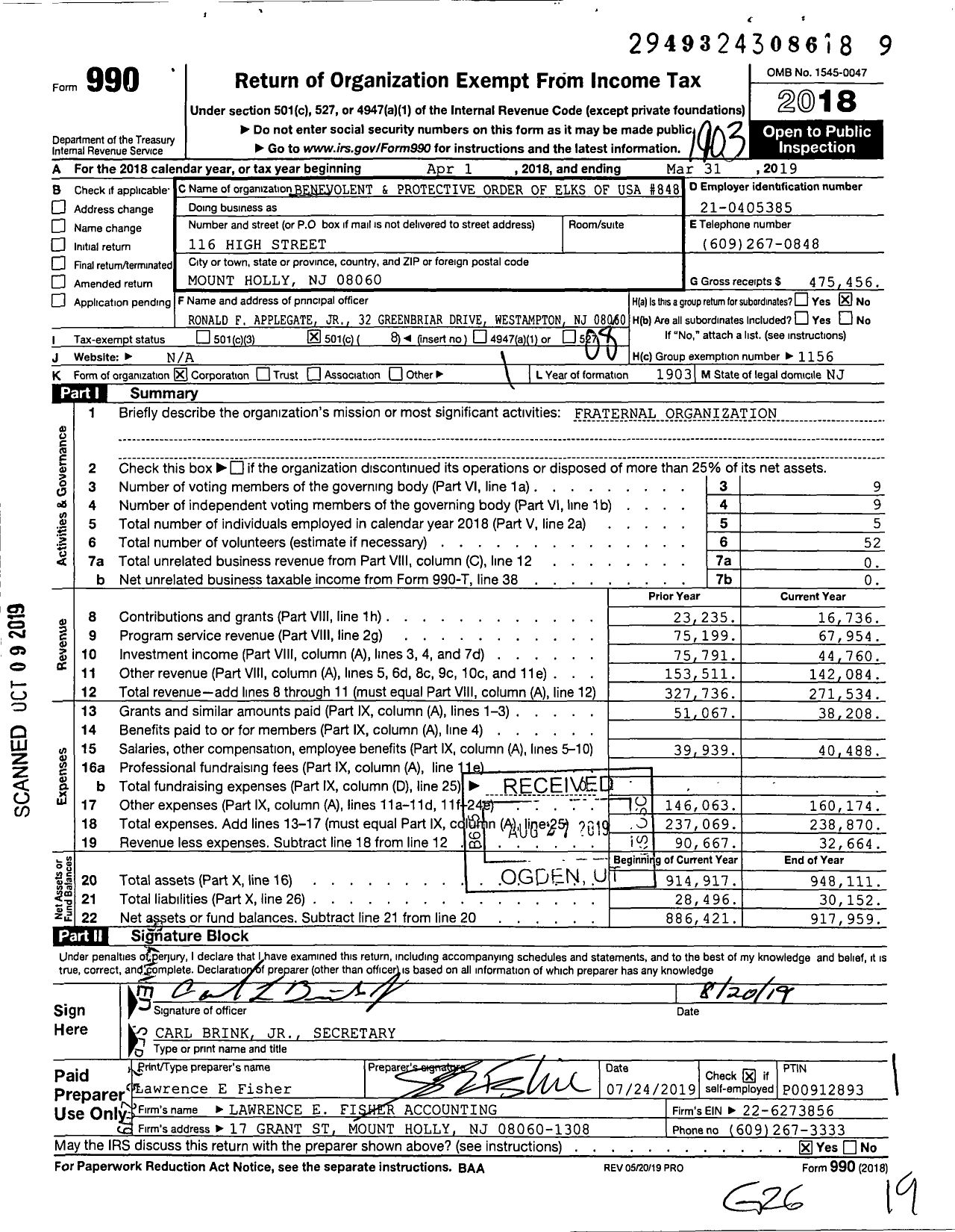 Image of first page of 2018 Form 990O for Benevolent and Protective Order of Elks - 848 Mount Holly