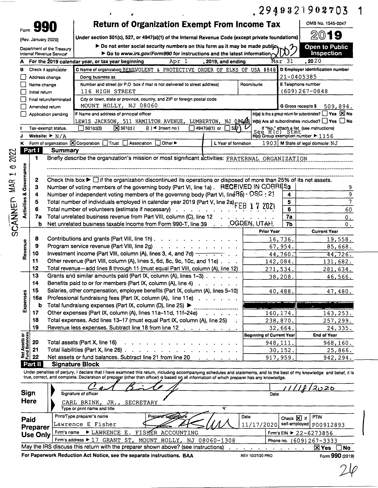 Image of first page of 2019 Form 990O for Benevolent and Protective Order of Elks - 848 Mount Holly