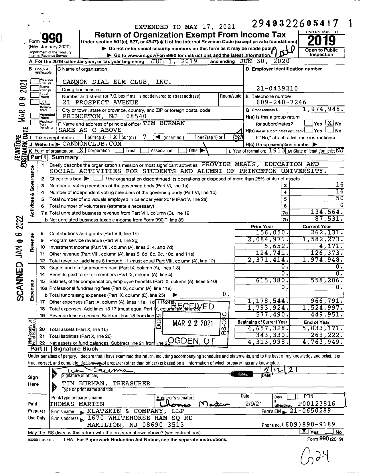 Image of first page of 2019 Form 990O for Cannon Dial Elm Club