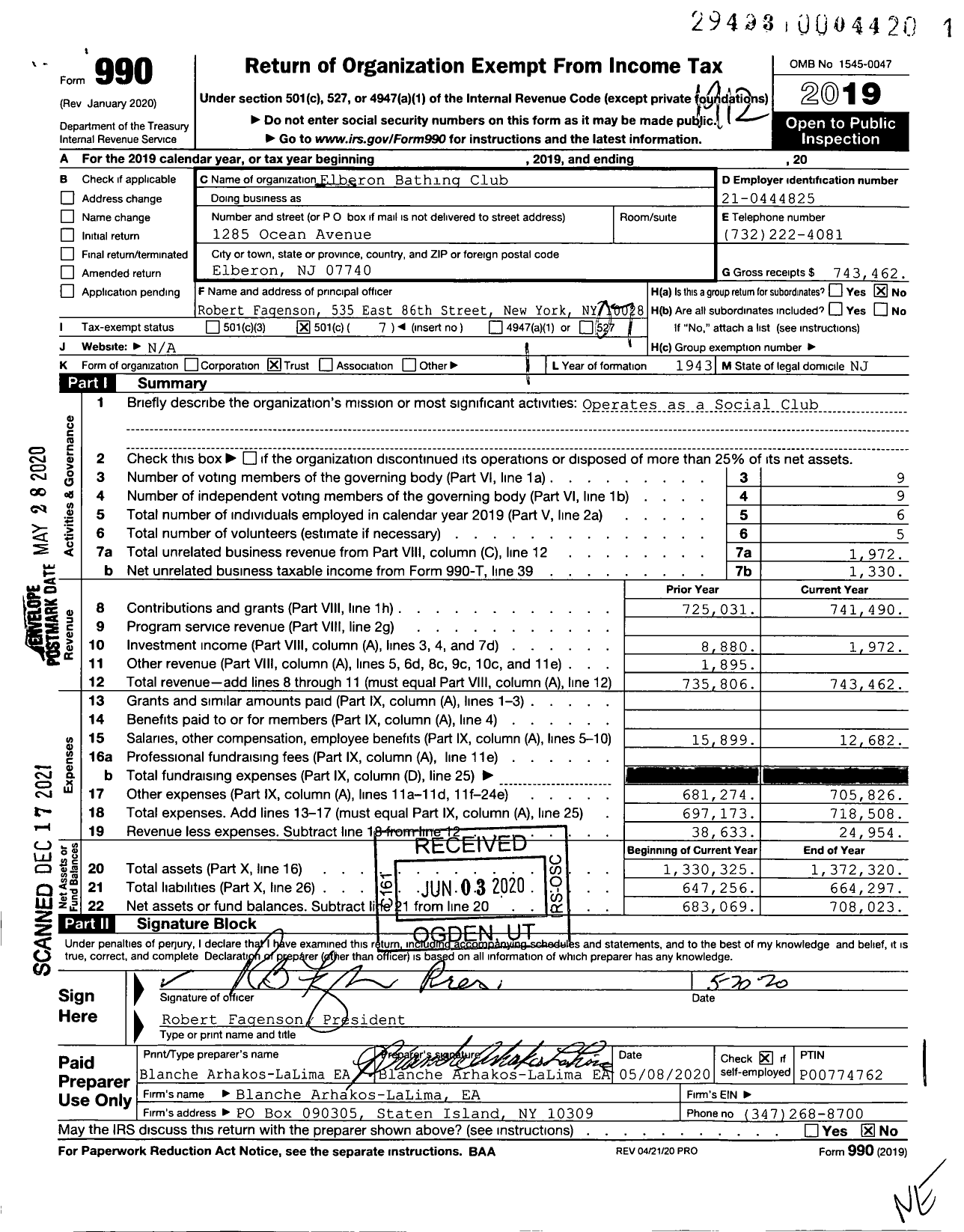 Image of first page of 2019 Form 990O for Elberon Bathing Club