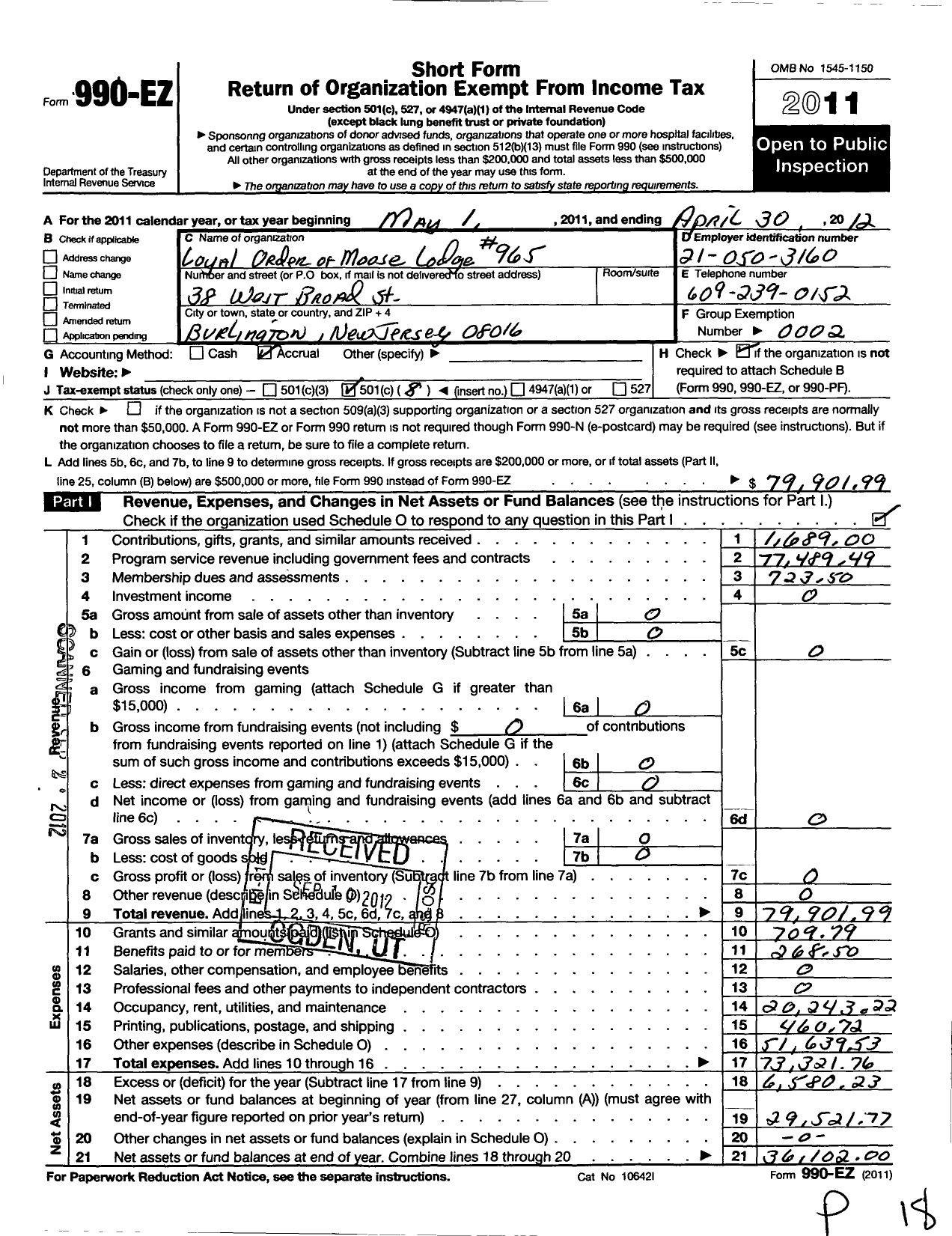 Image of first page of 2011 Form 990EO for Loyal Order of Moose Lodge 965